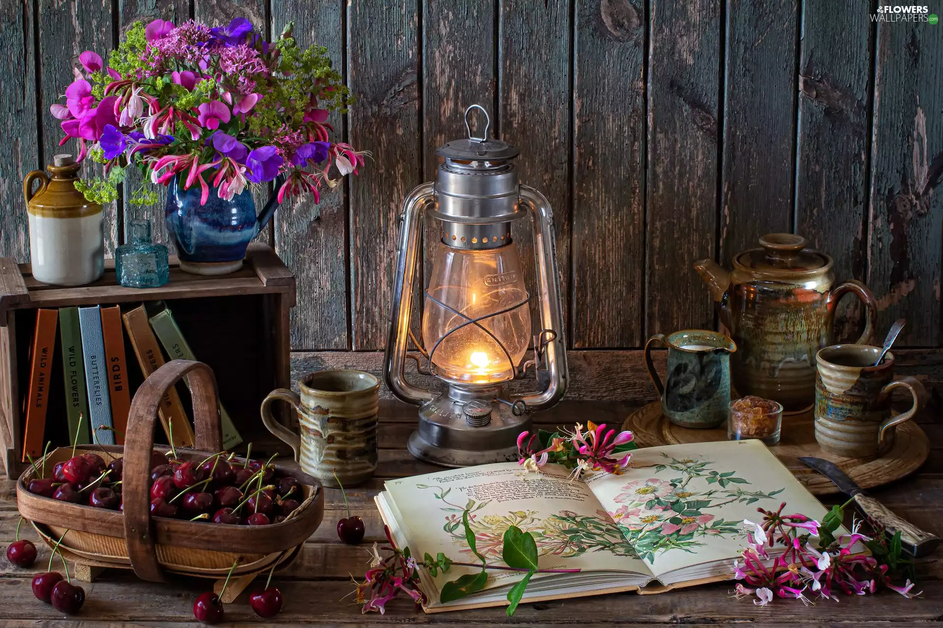 Lamp, Book, jug, basket, cups, Bouquet of Flowers, composition, cherries