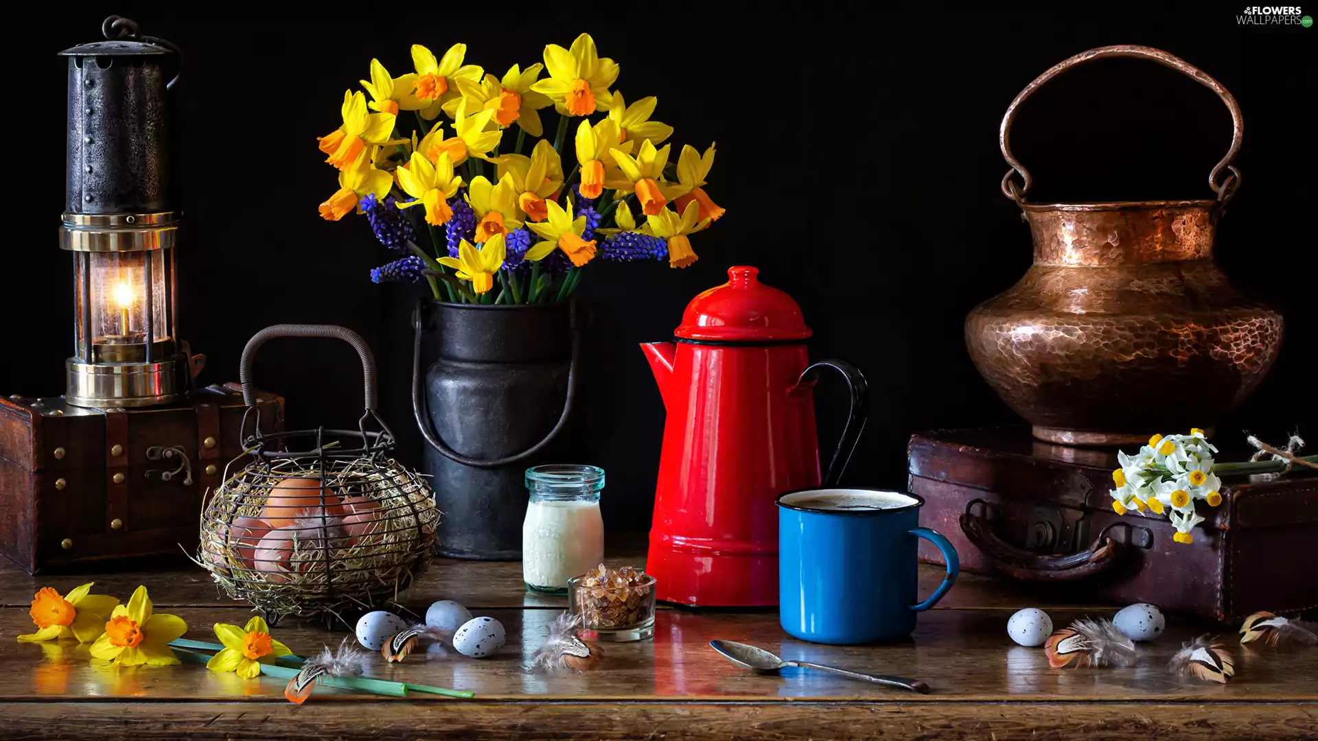 eggs, Daffodils, Cup, Lamp, composition, jug, pot