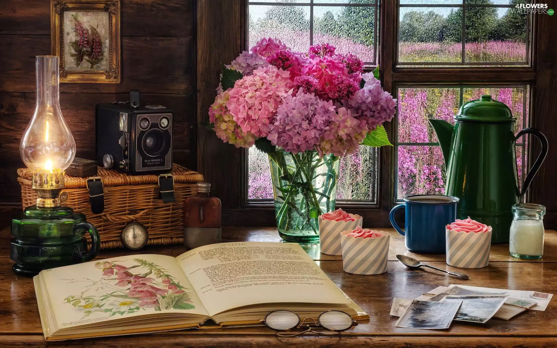 Window, composition, Bouquet of Flowers, hydrangeas, Lamp, jug, Book, Glasses, picture