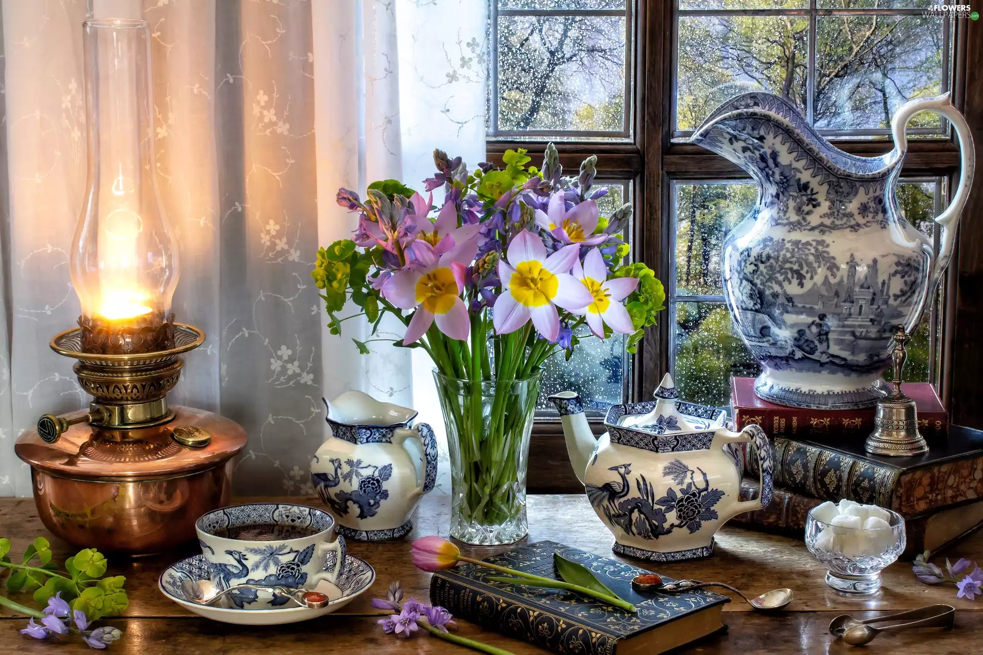 Flowers, china, jug, Books, cups, Oil Lamp, service, Window, bouquet, Vase