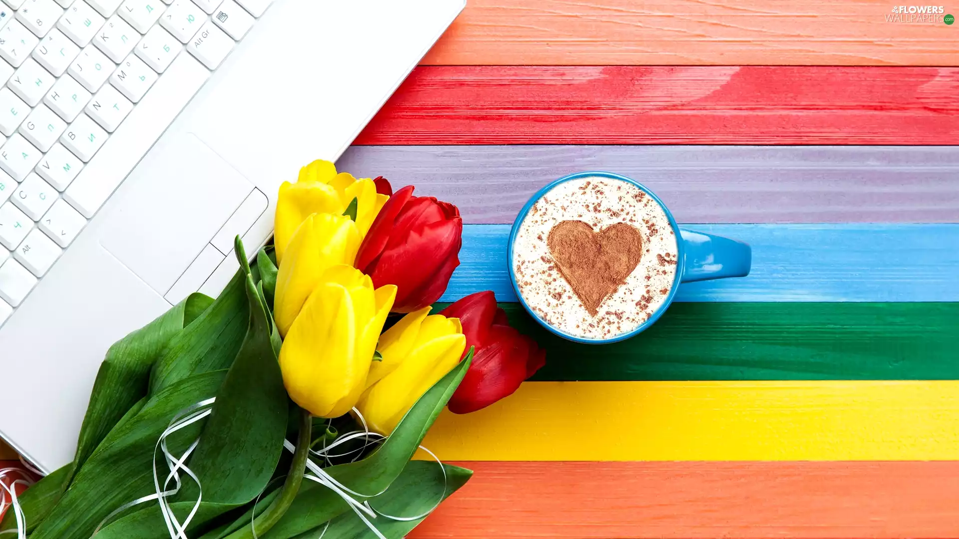 laptop, coffee, Tulips