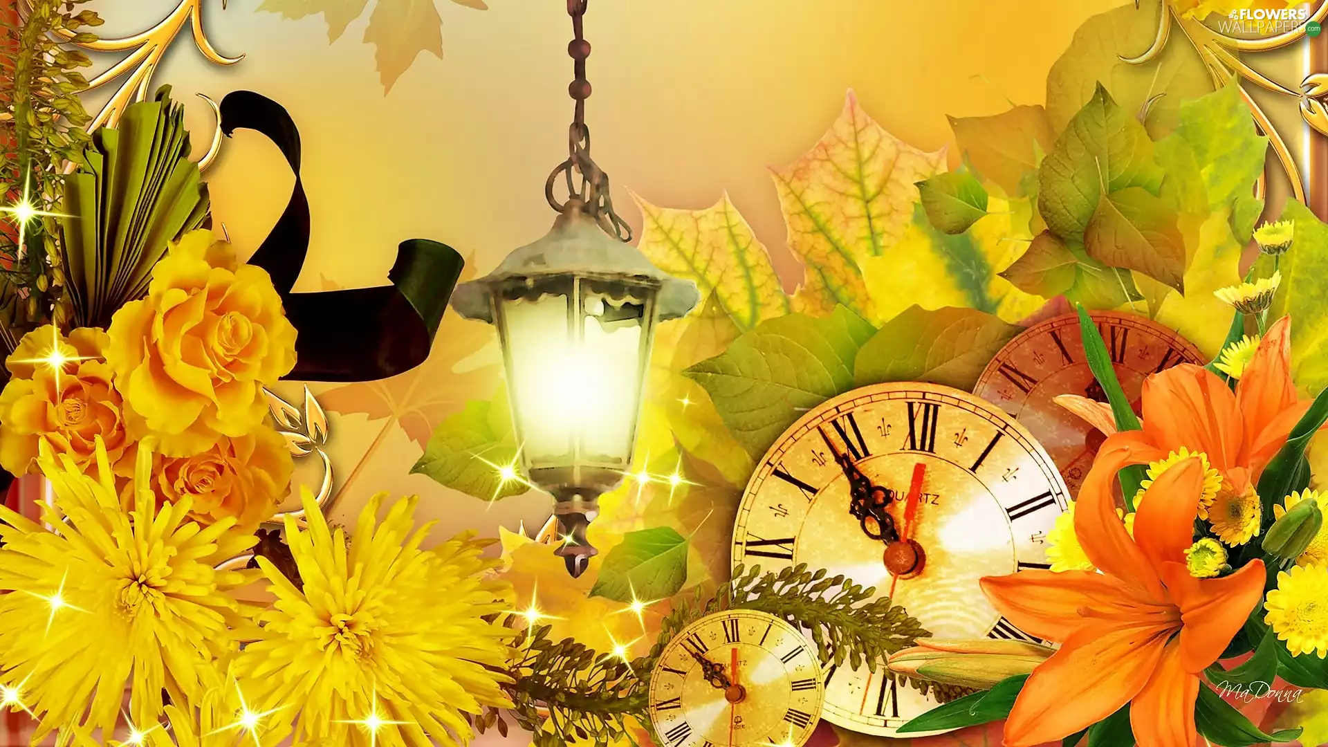 Flowers, clocks, Lamp, Leaf
