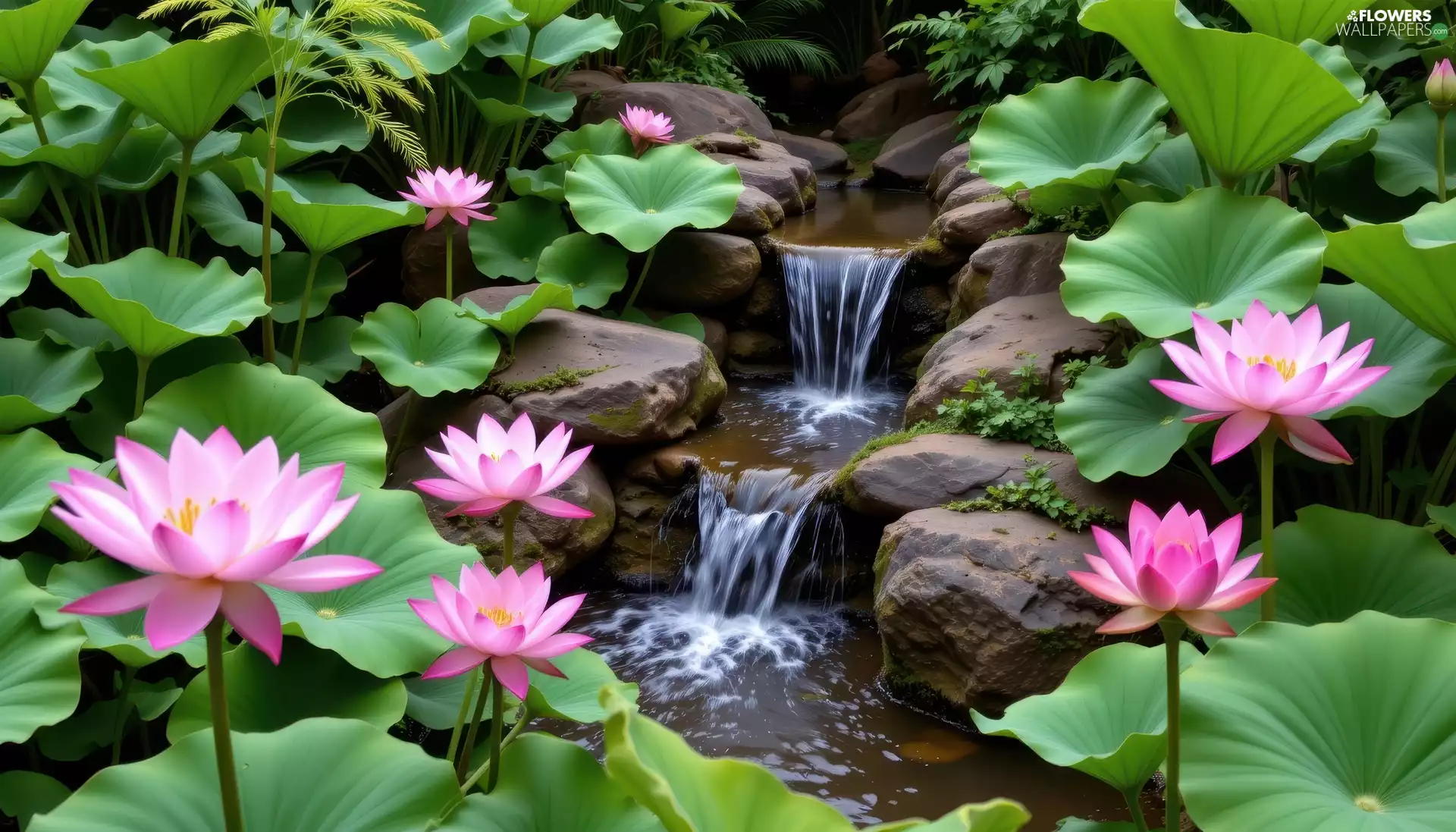 lotuses, Flowers, Stones, Leaf, cascade, Pink