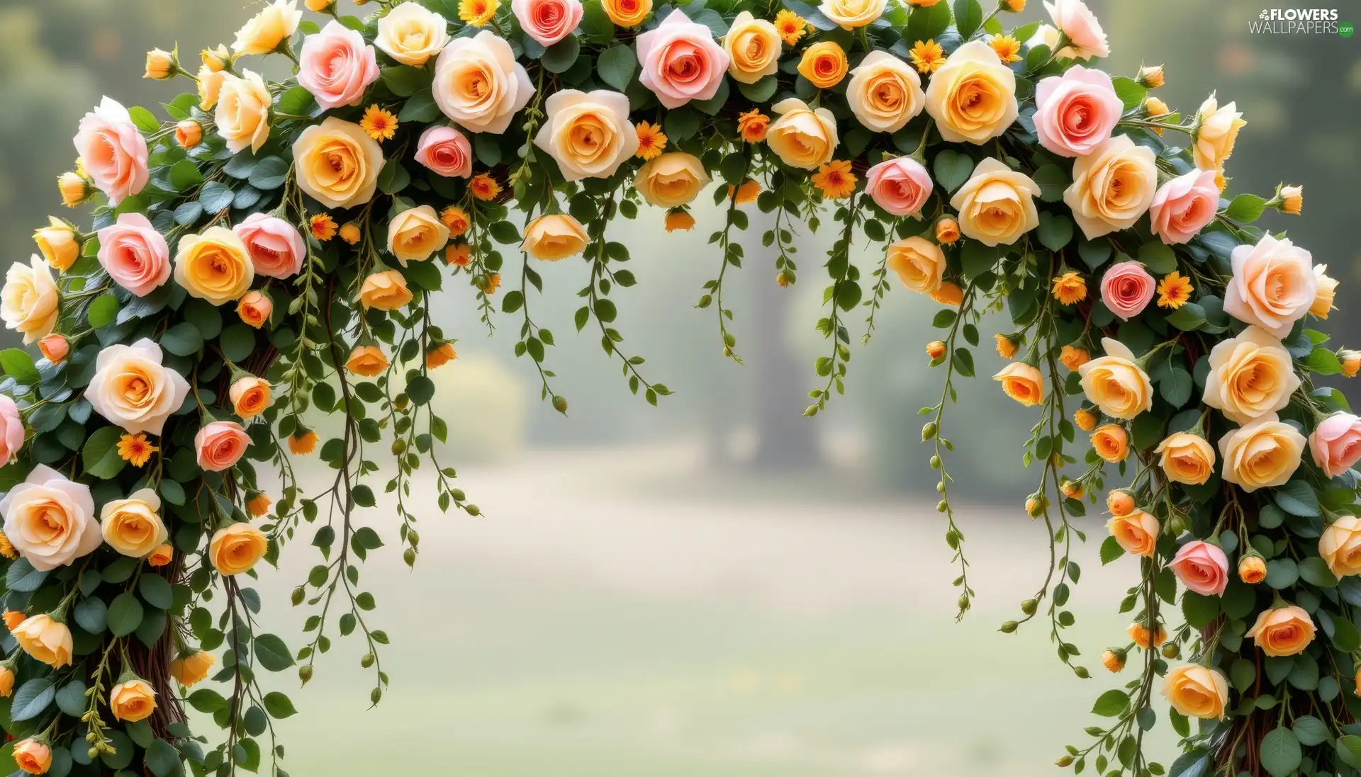 roses, leaves, Climbing, color, Bow
