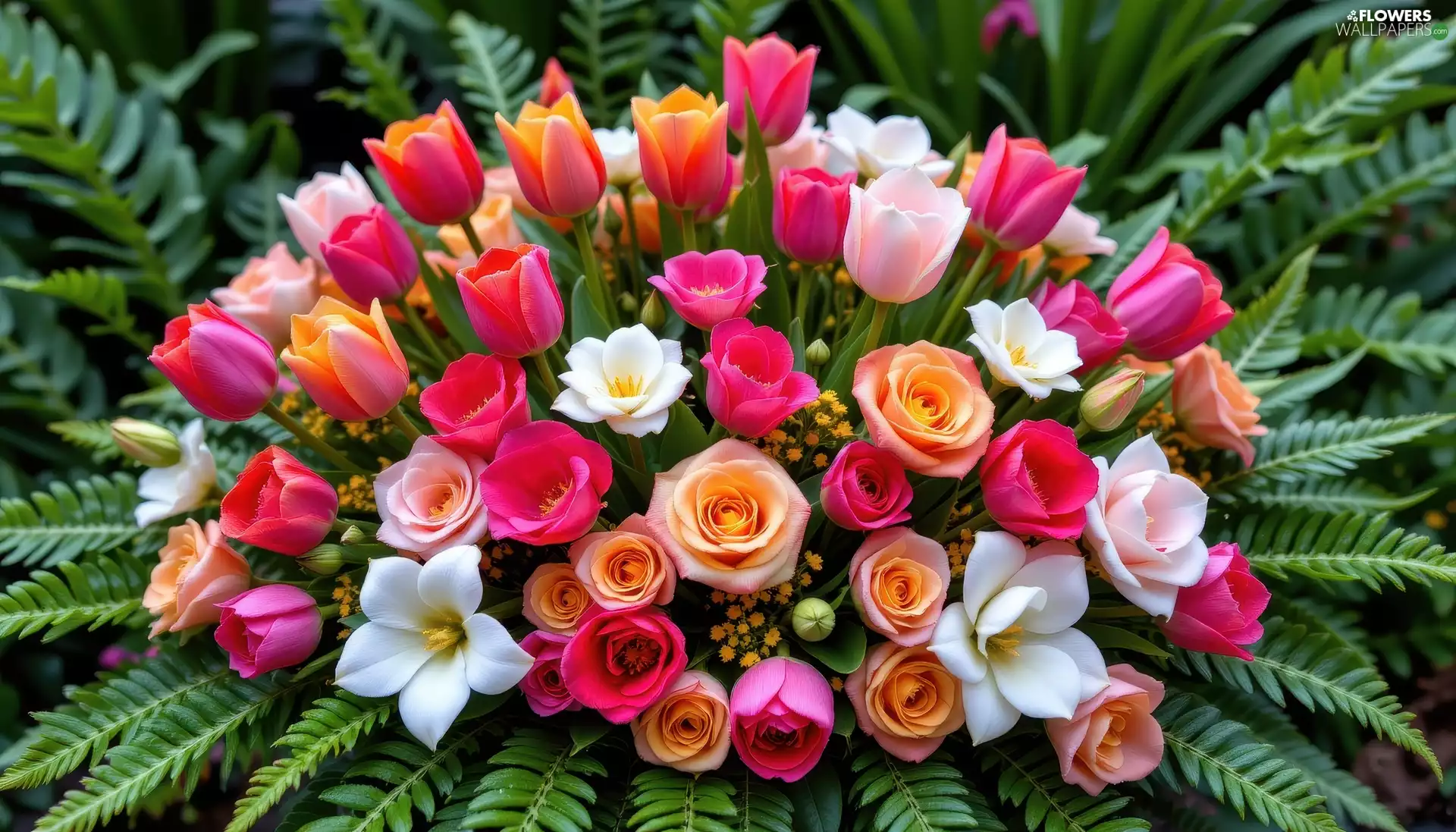 Tulips, leaves, Flowers, roses, bouquet