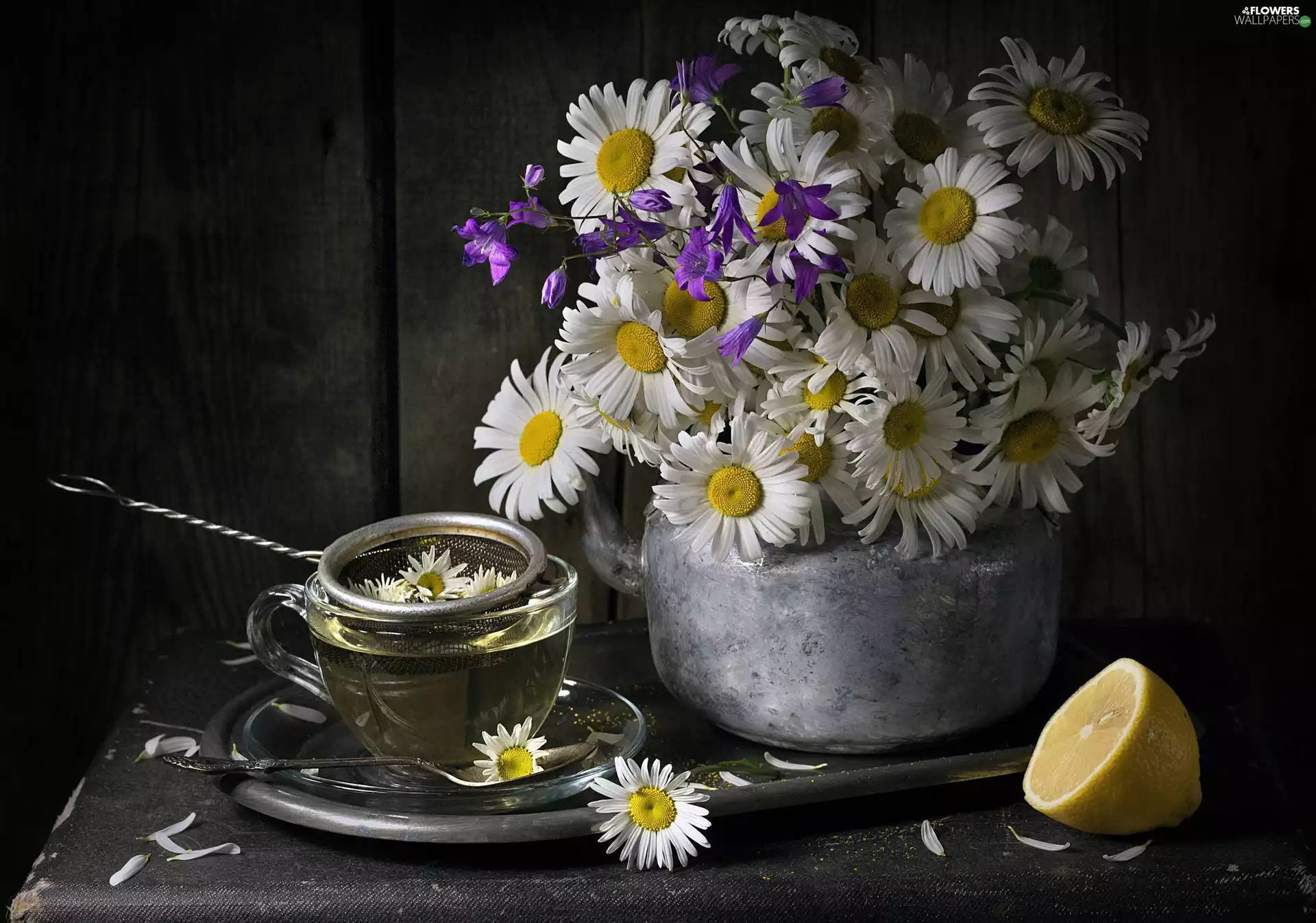 tea, daisy, rose, Lemon, Camomile, bouquet