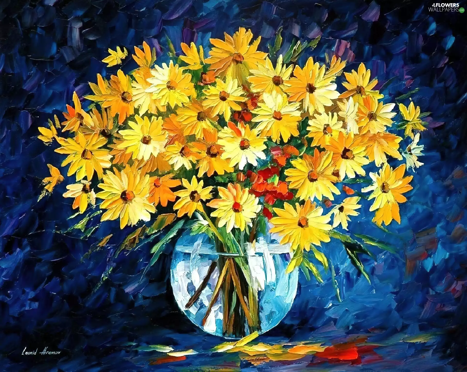 Yellow, picture, bouquet, Leonid Afremov, Flowers, copy