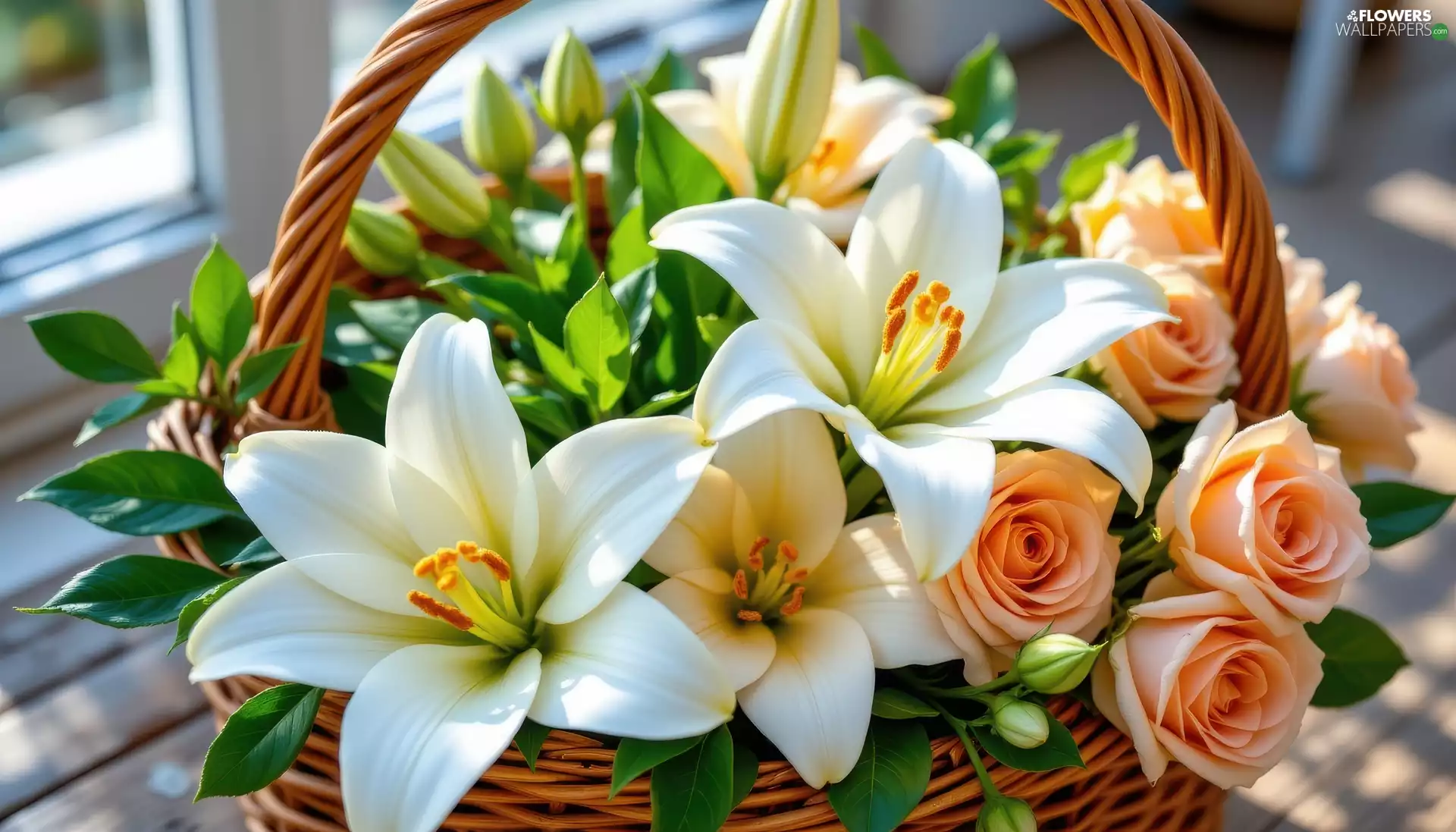 peach, White, basket, lilies, Flowers, roses, Window