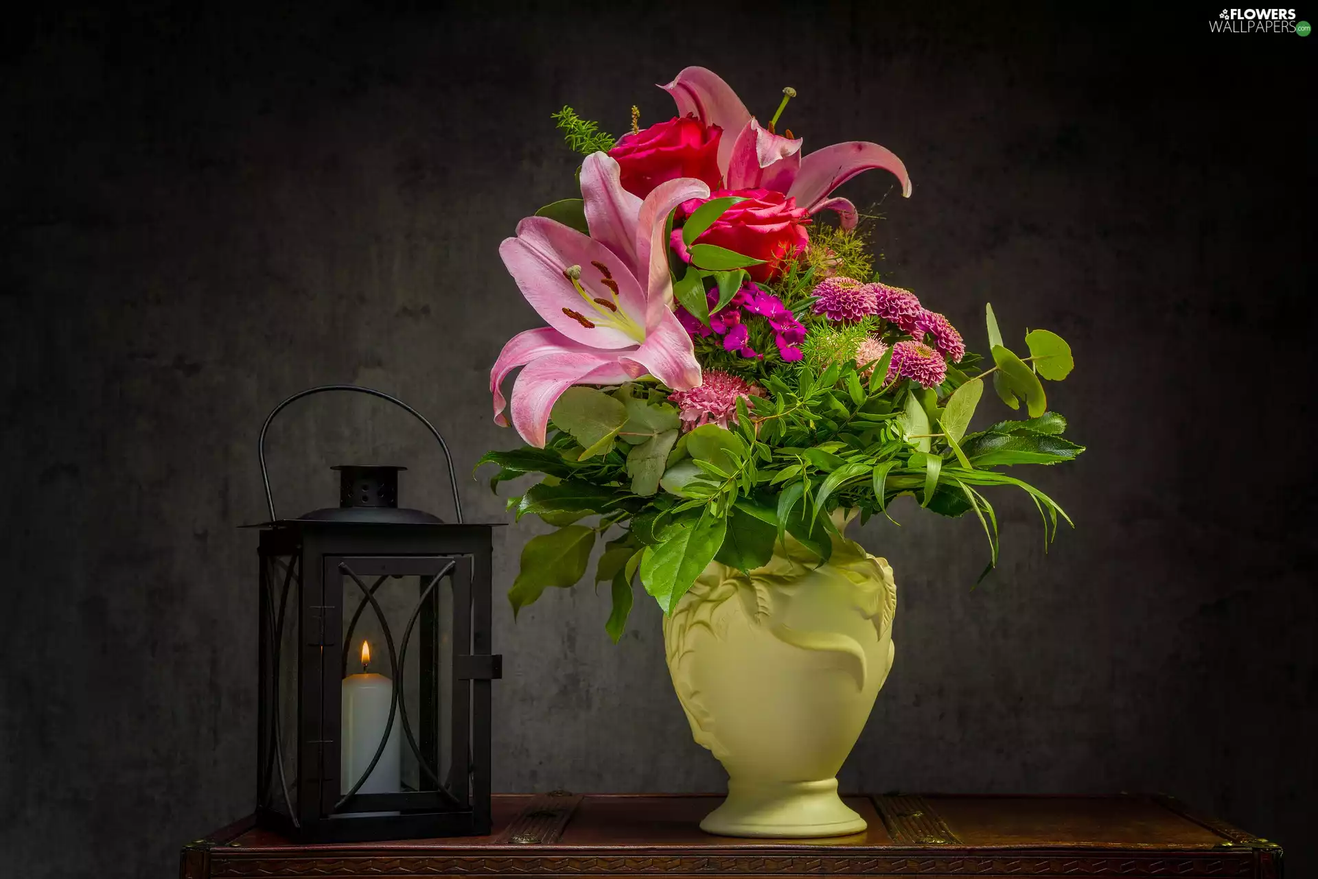 roses, bouquet, candle, lilies, Flowers, Vase, lantern