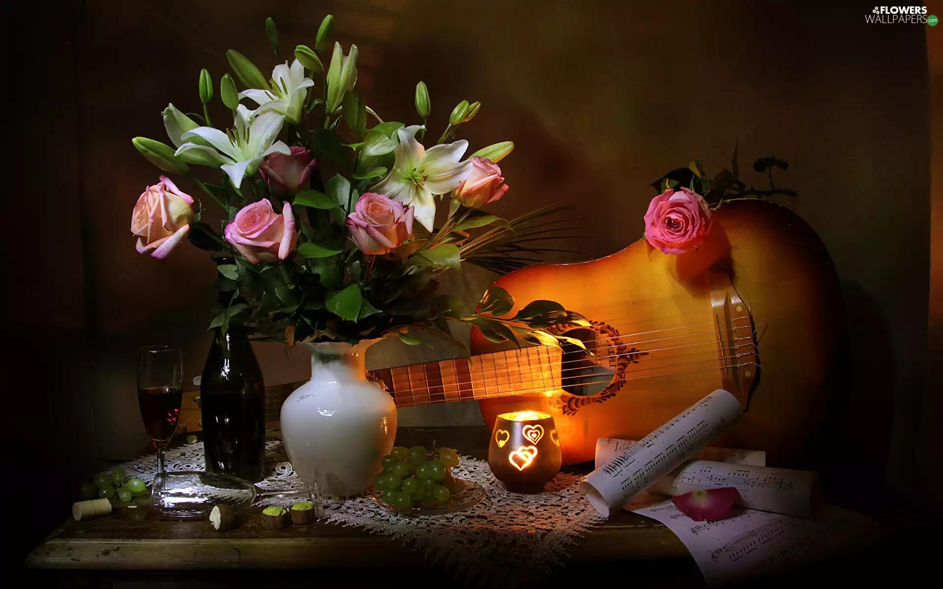Vase, Grapes, glass, lilies, composition, Guitar, roses, bouquet, candle, Flowers, Tunes, Bottle, Wine