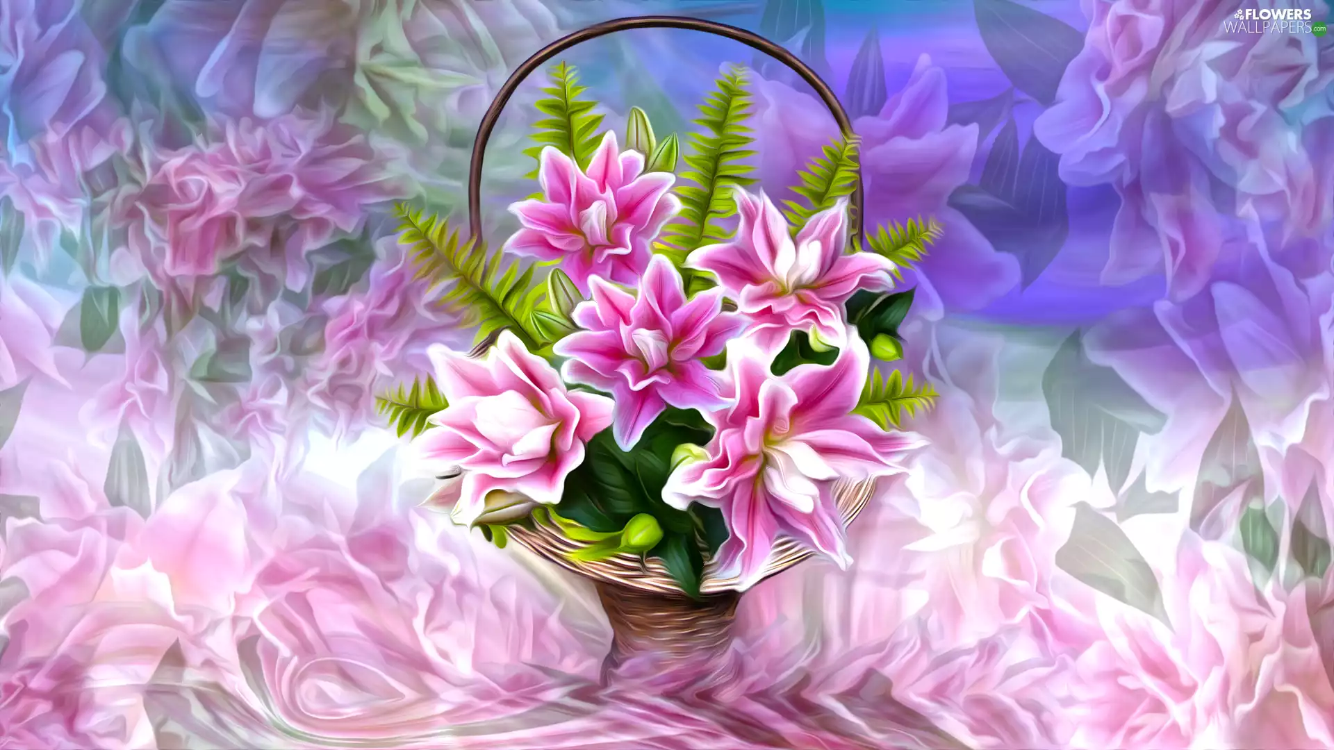 Flowers, basket, graphics, lilies