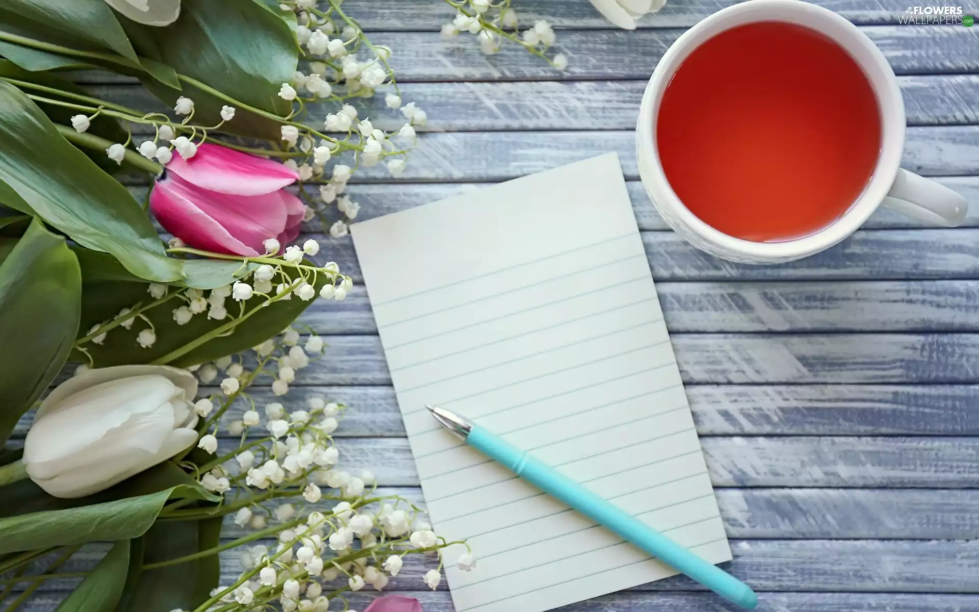 tea, Tulips, pen, lilies, Flowers, card, boarding