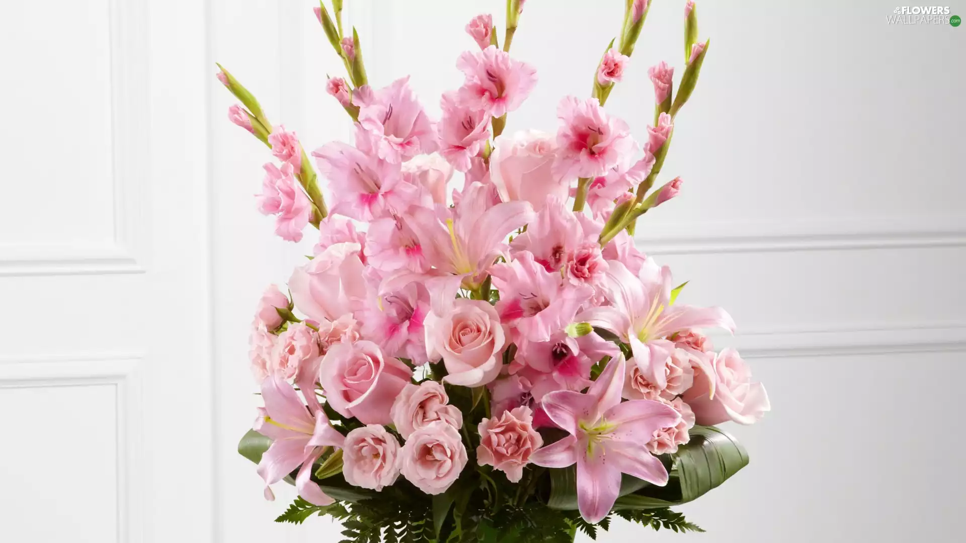 Flowers, bouquet, gladioli, lilies, roses, Pink