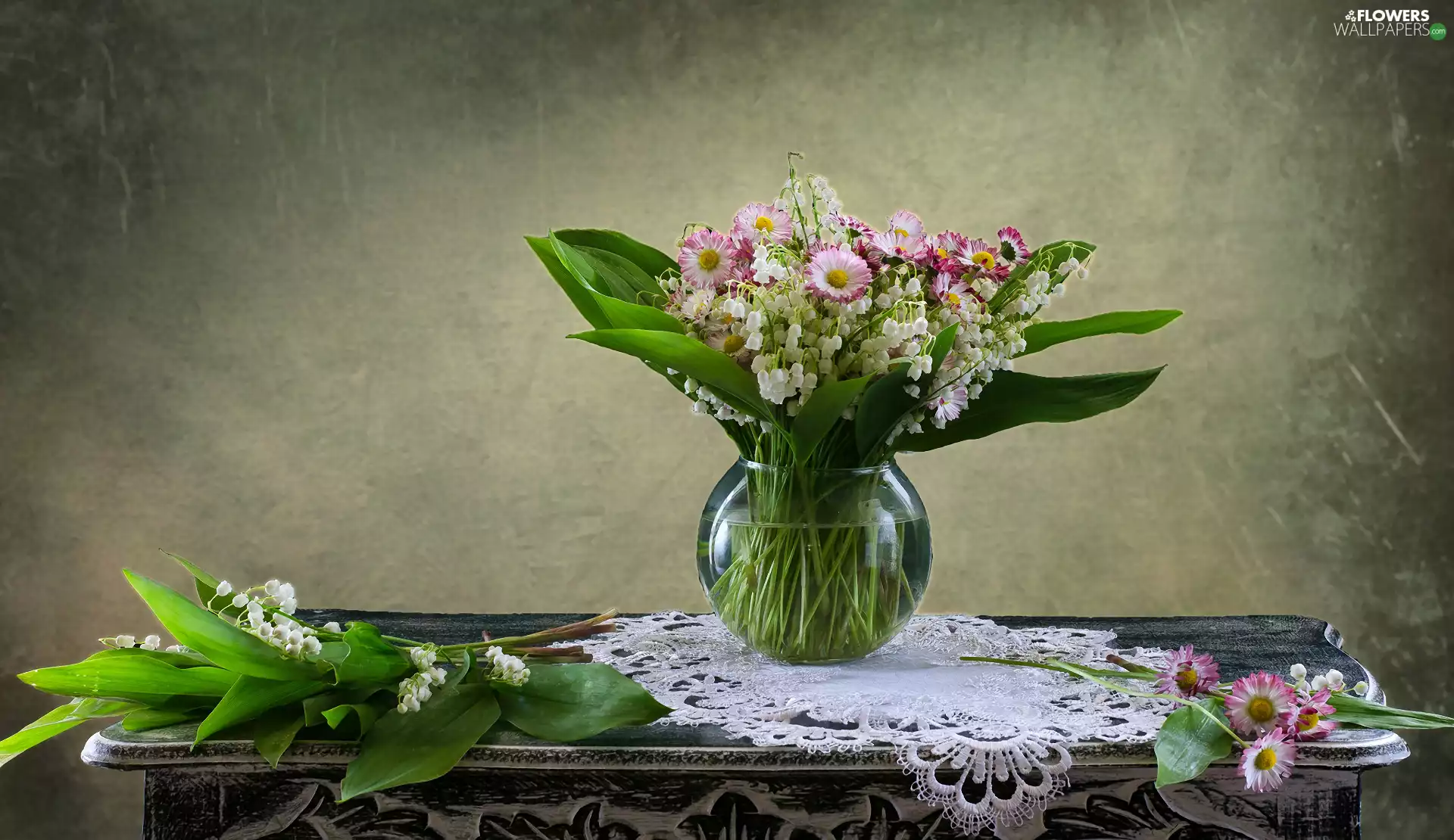 bouquet, daisies, table, lilies, Flowers, Vase, tablecloth