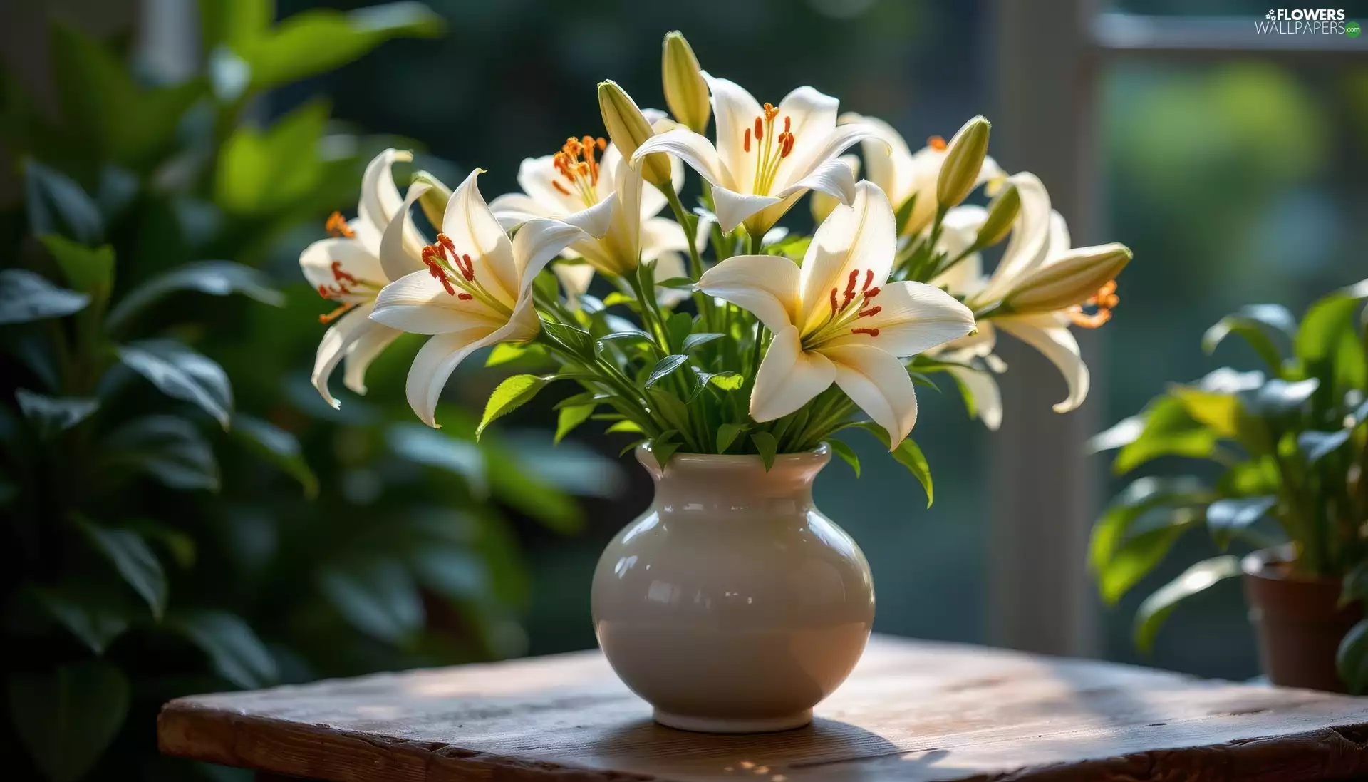 White, Vase, Table, lilies
