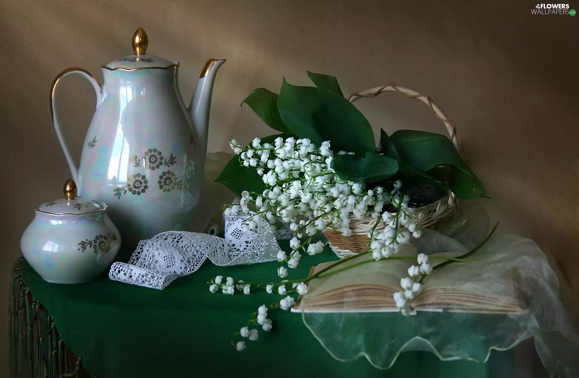 lily of the Valley, composition, jug, Book, basket, bouquet