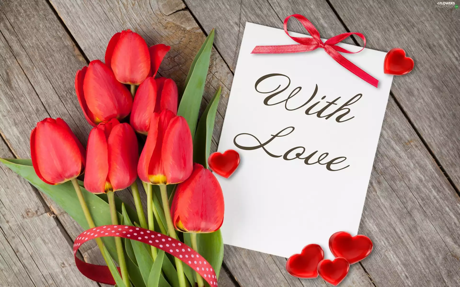card, Red, With Love, hearts, text, Tulips