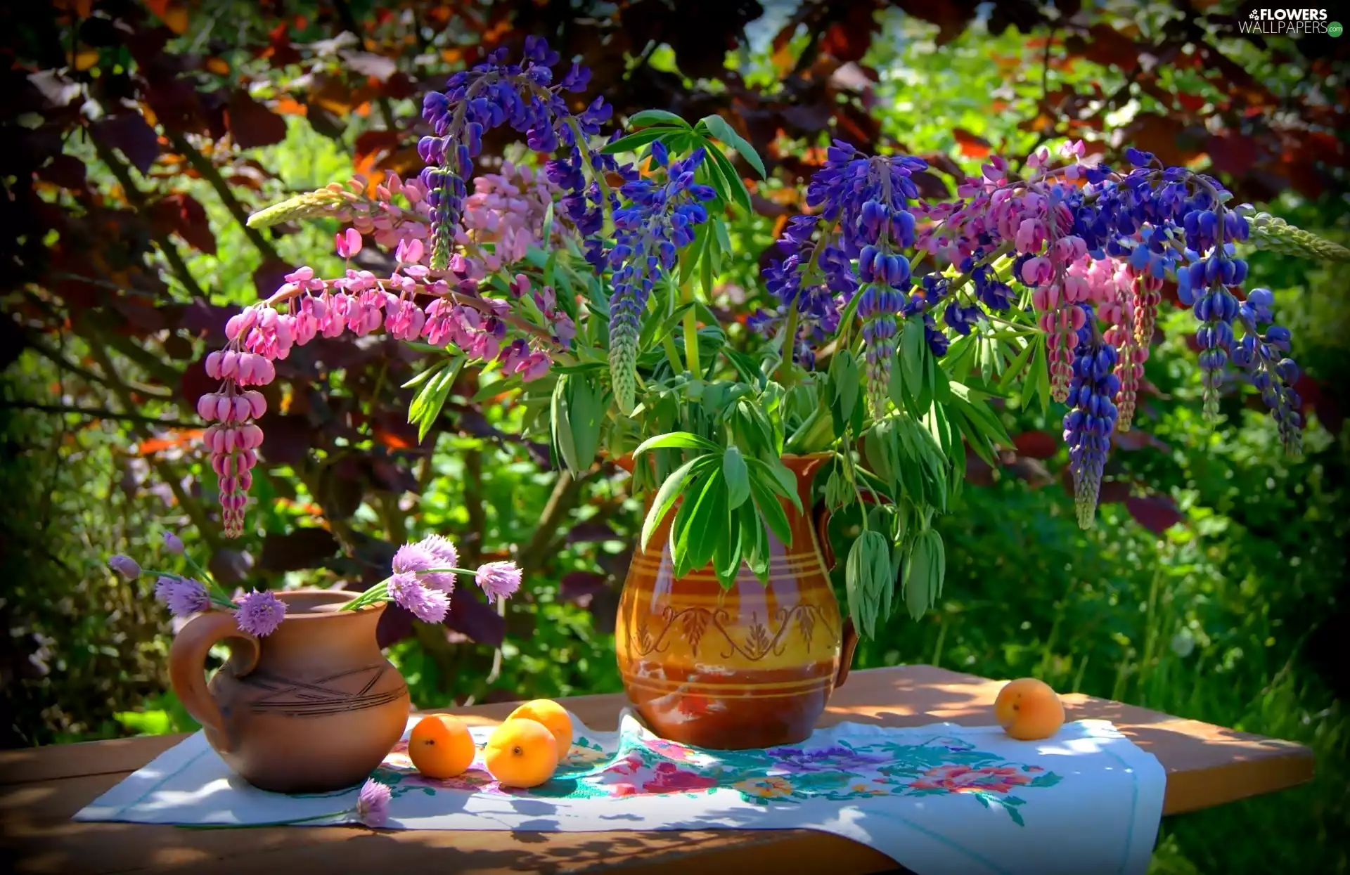 lupine, Fruits, light breaking through sky, Bouquet of Flowers