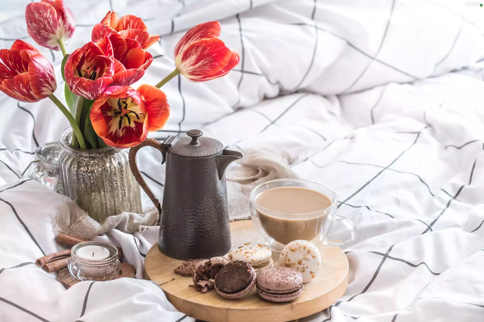 Macaroons, Flowers, kettle, cinnamon, cup, Vase, Tulips, board, candle, coffee