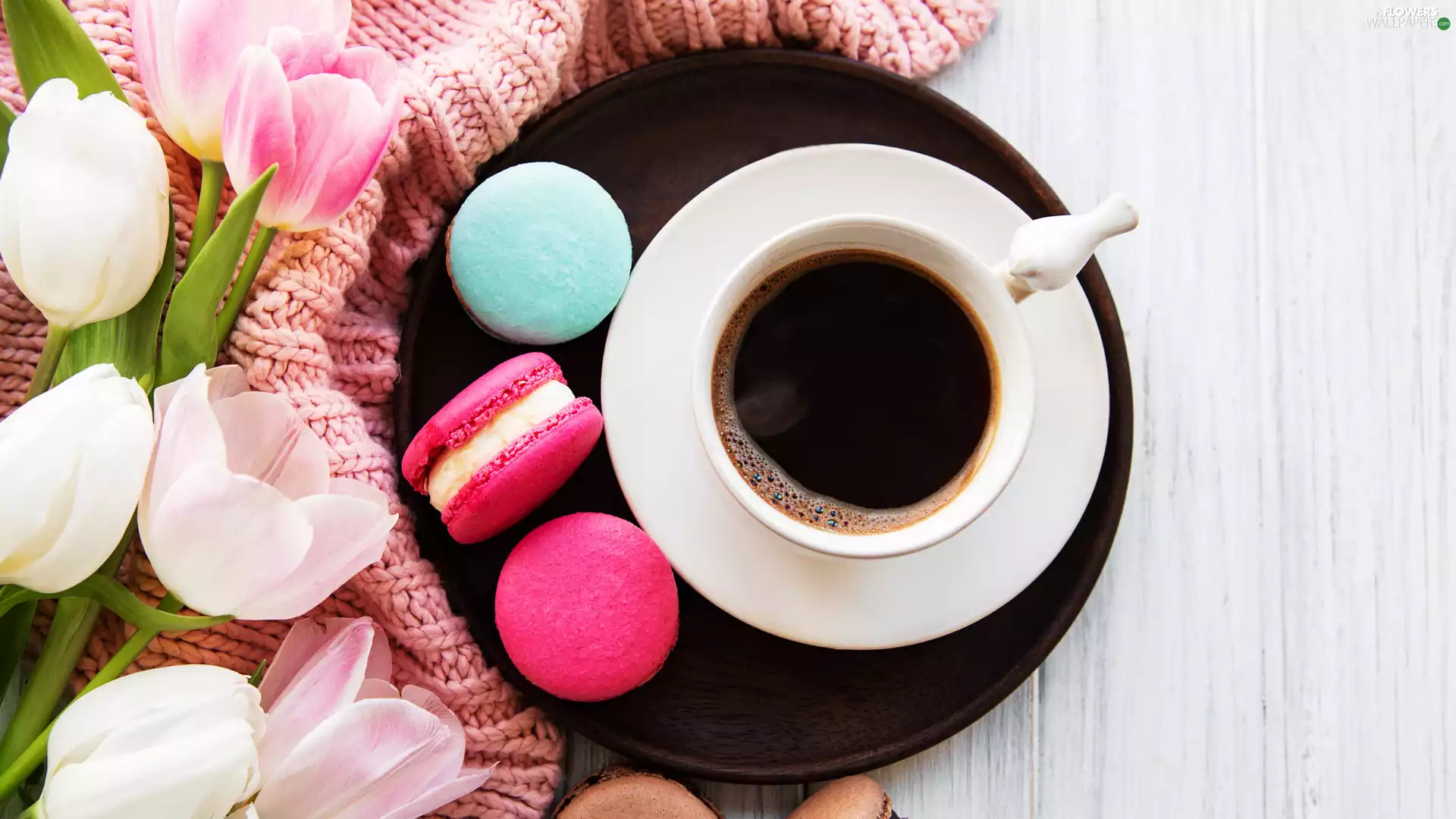 Flowers, cup, Cookies, Macaroons, Tulips, coffee