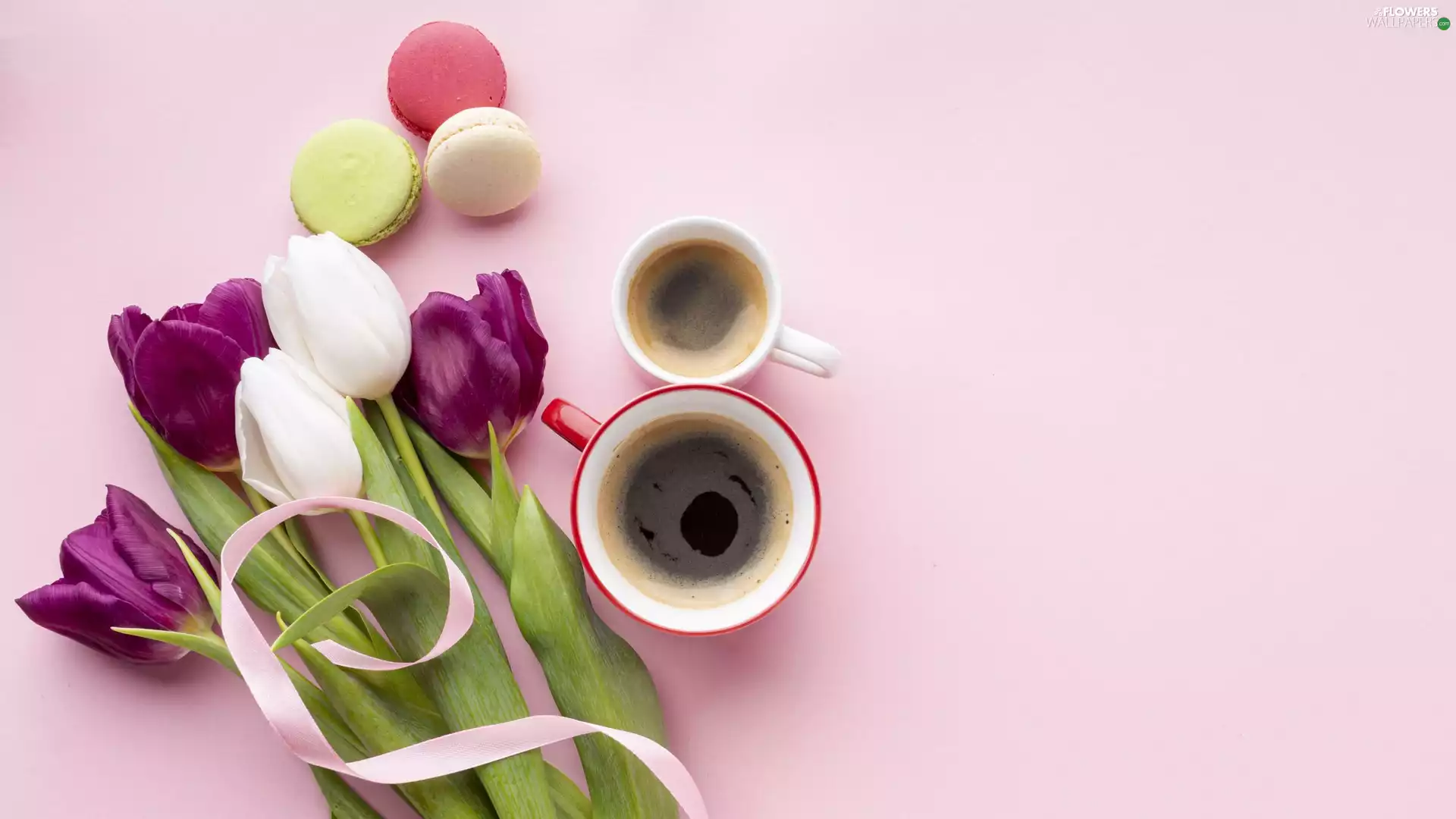 cups, Flowers, Cookies, Macaroons, coffee, Tulips