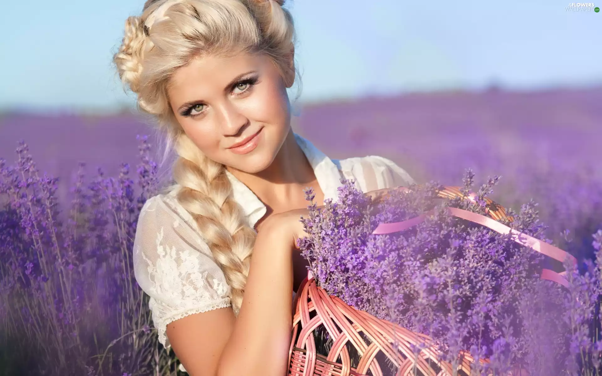 basket, lavender, pigtail, make-up, Blonde