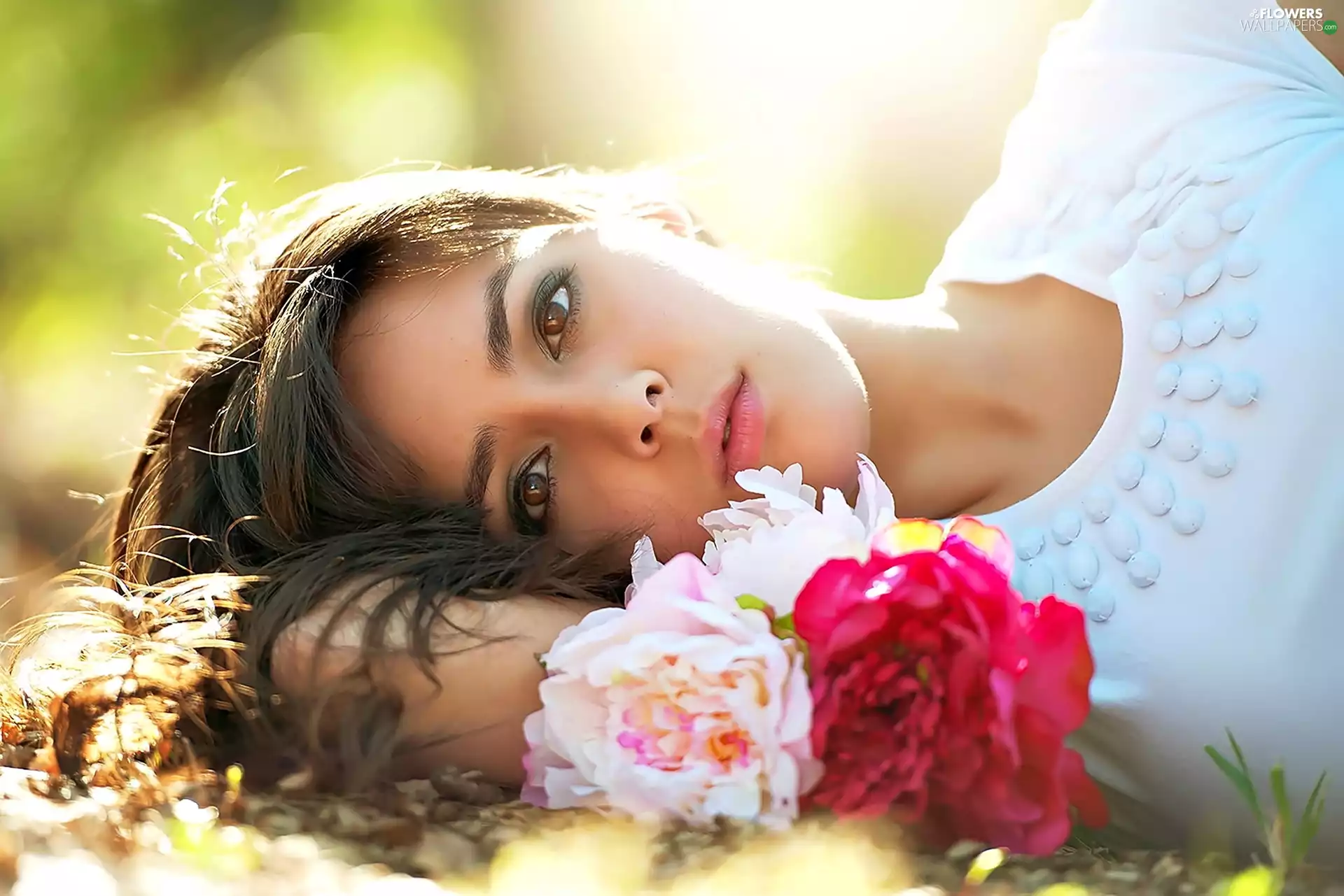 Meadow, Peonies, girl, make-up, very sensible