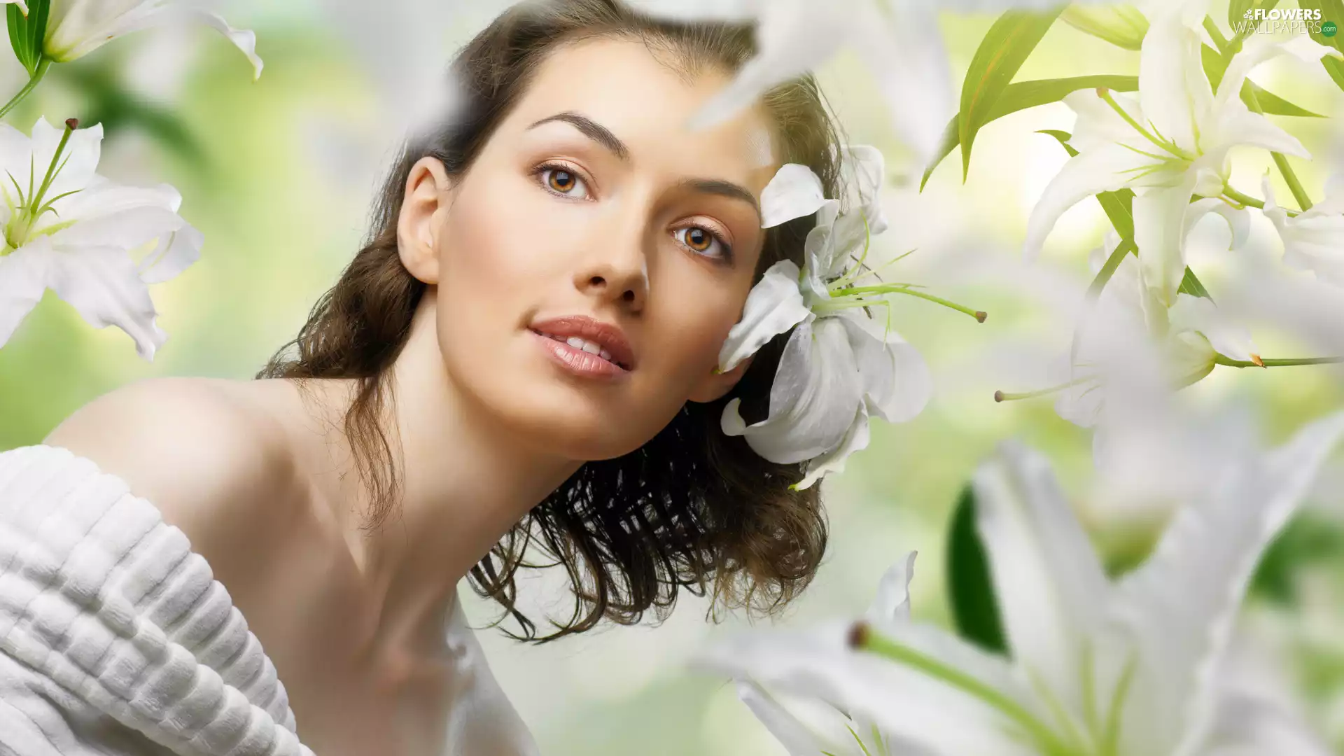 White, lilies, face, make-up, Women