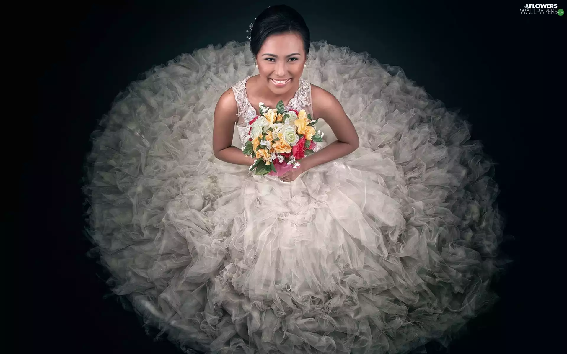 White, young, bouquet, marriage, lady, Dress, Flowers