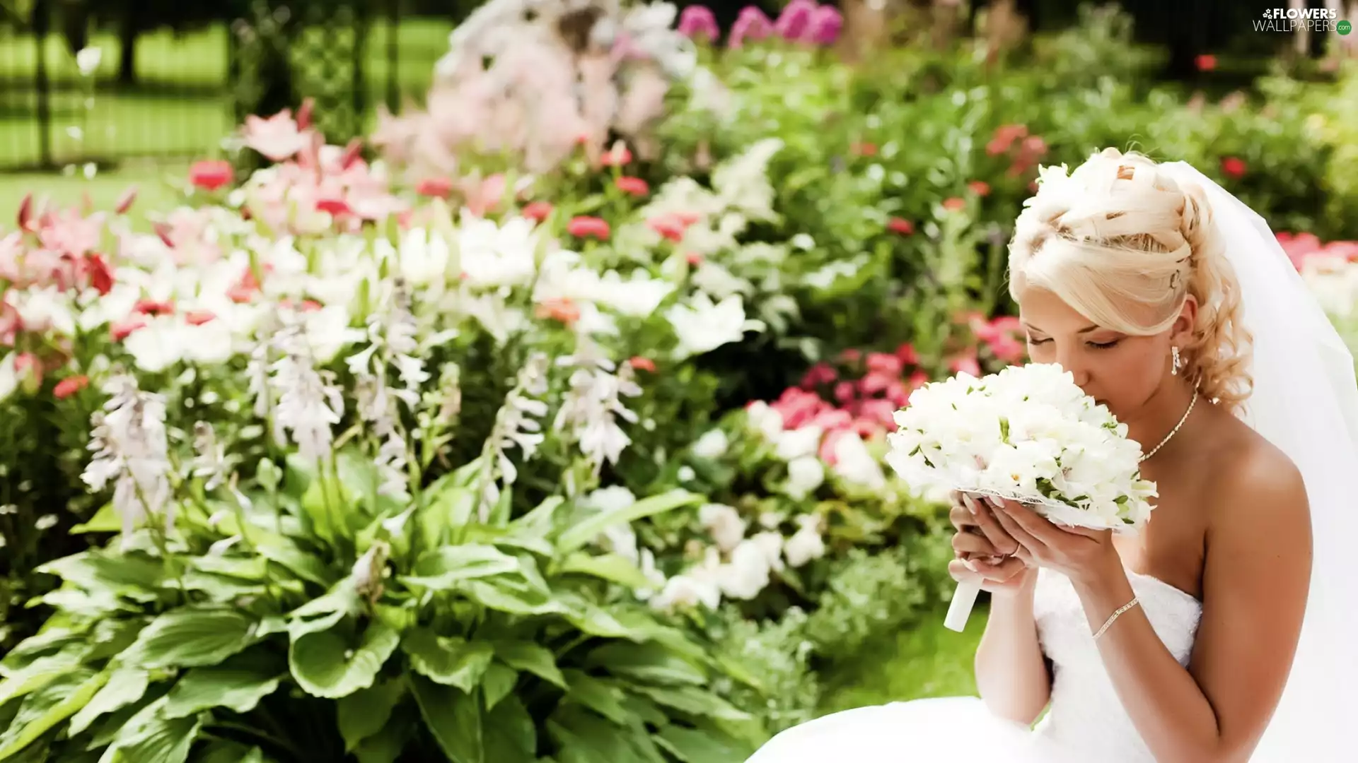 Garden, lady, bouquet, marriage, Flowers, young