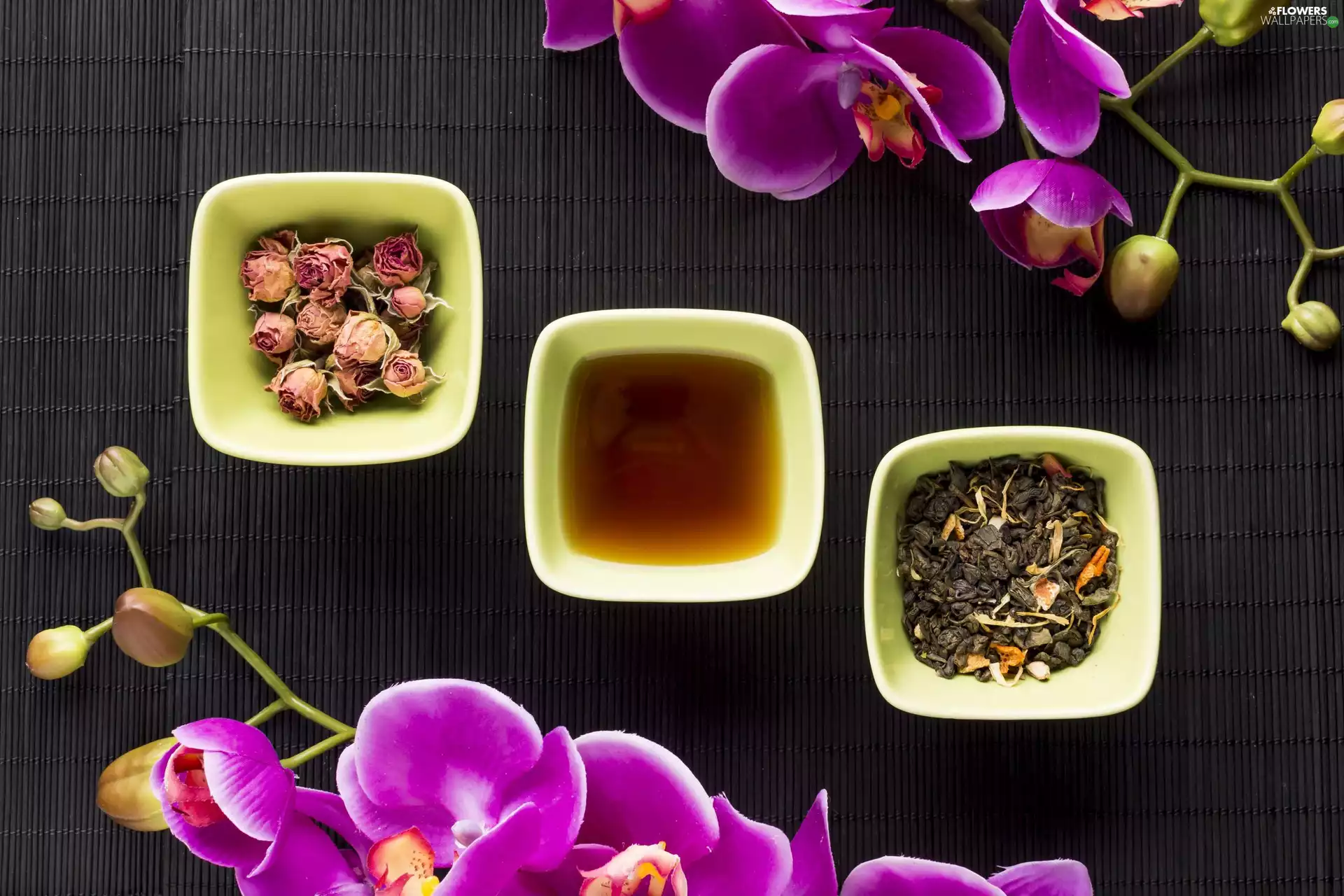 Seeds, withered, orchids, roses, Flowers, tea, Bowls, mat