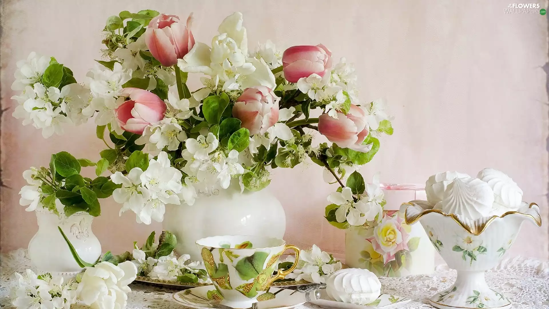 bouquet, composition, cookies, meringues, Tulips, Flowers