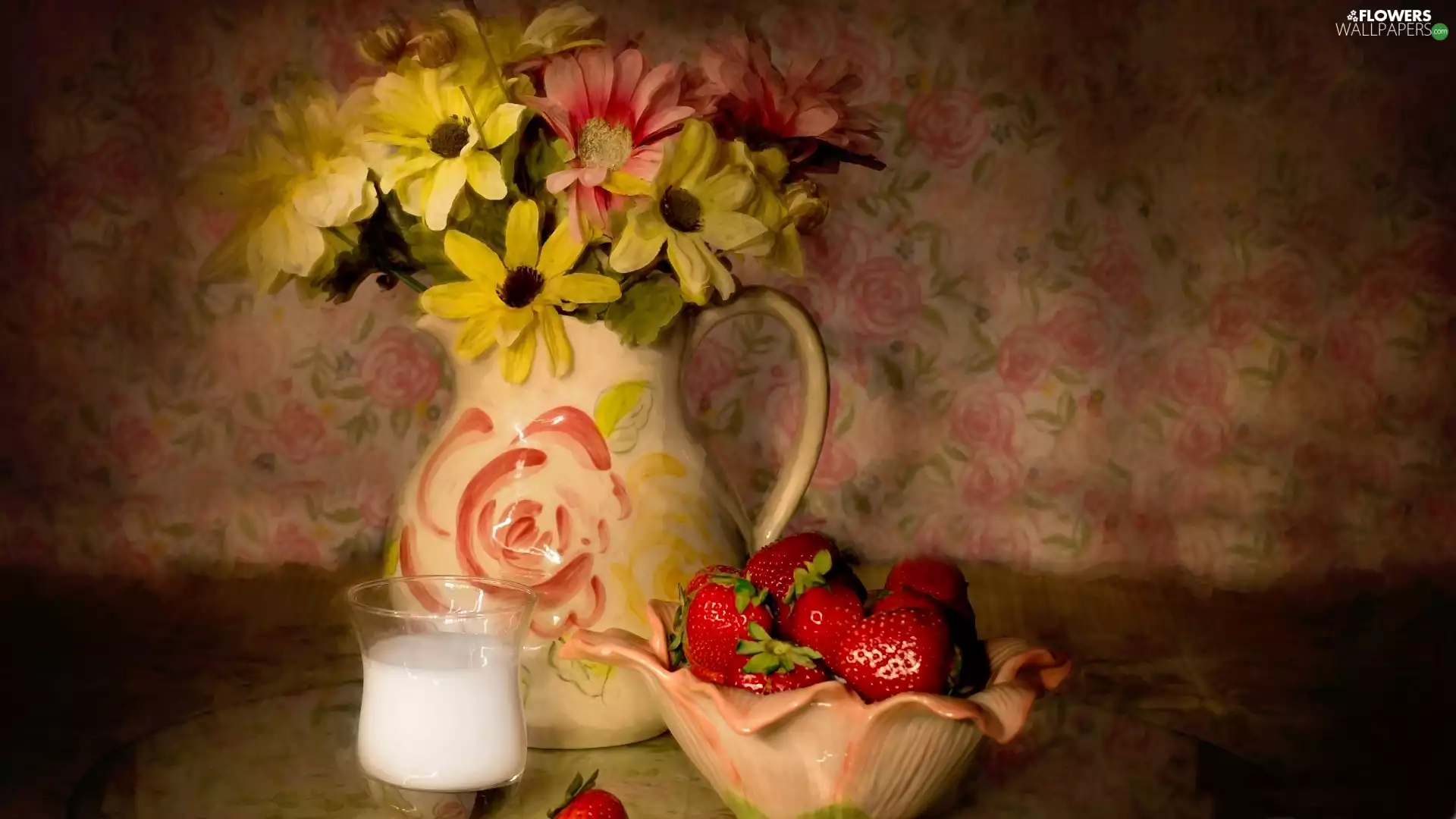 strawberries, decoration, Flowers, milk, bouquet, composition