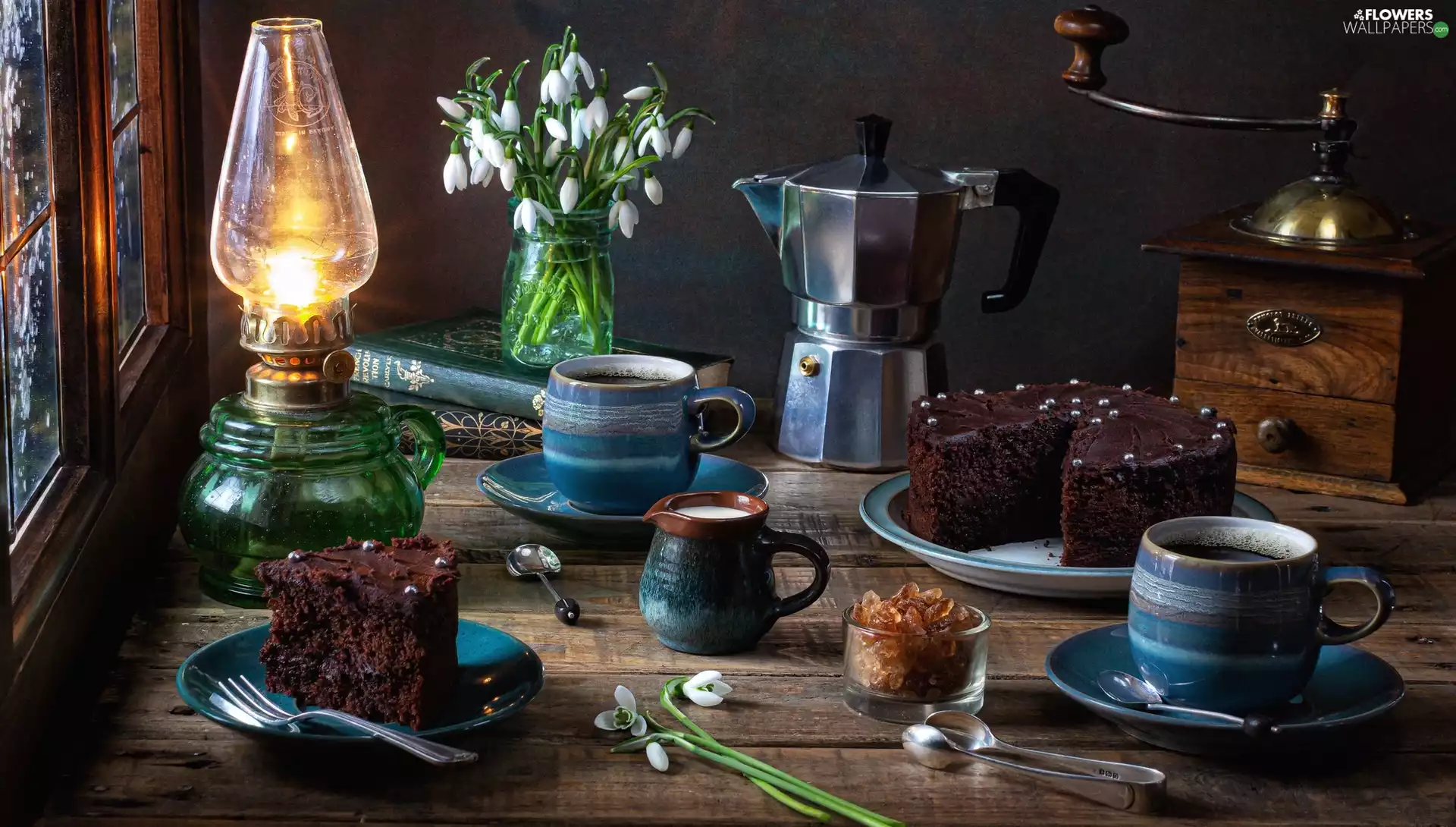 coffee, Coffee Percolator, plate, Lamp, cake, sugar, Window, milk, Flowers, composition, mill, cups, snowdrops