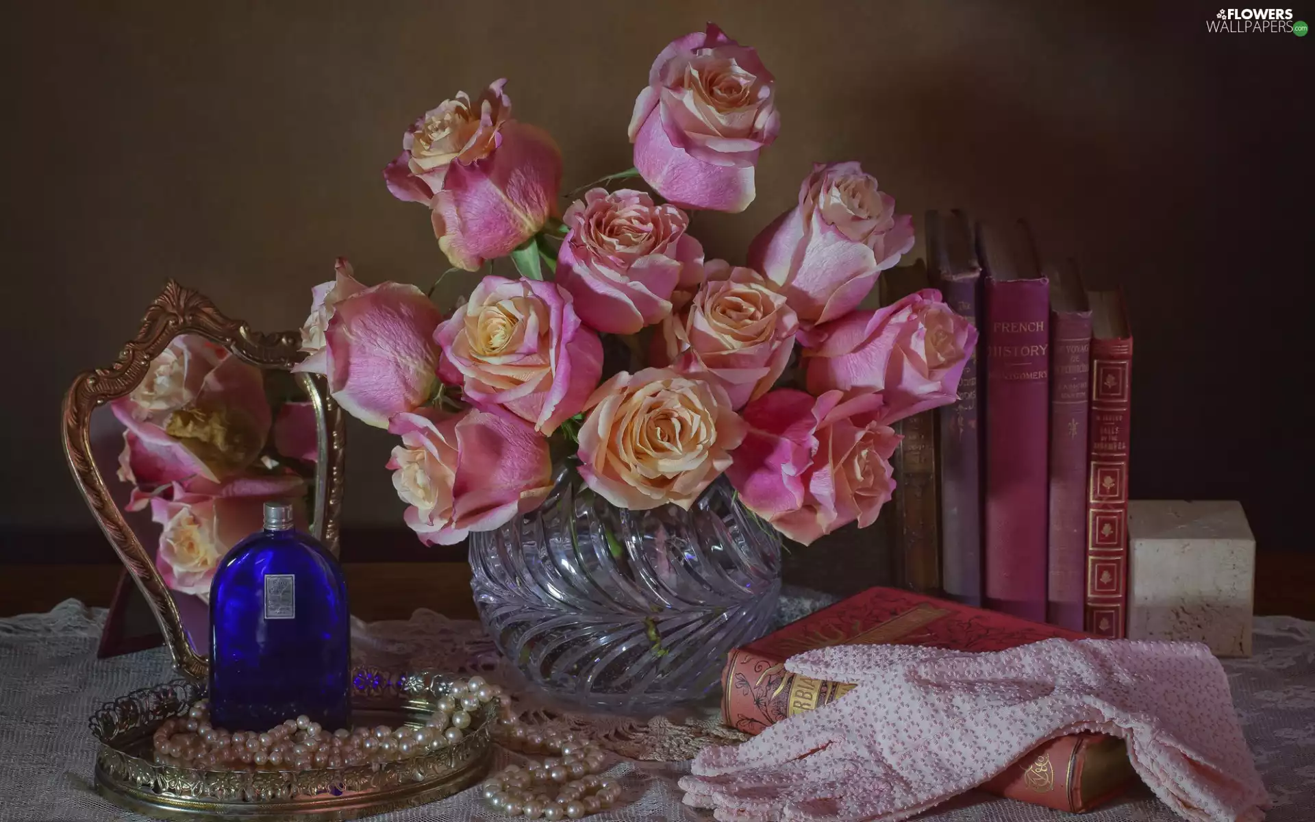 roses, Books, Gloves, perfume, Pearl, bouquet, Vase, Mirror