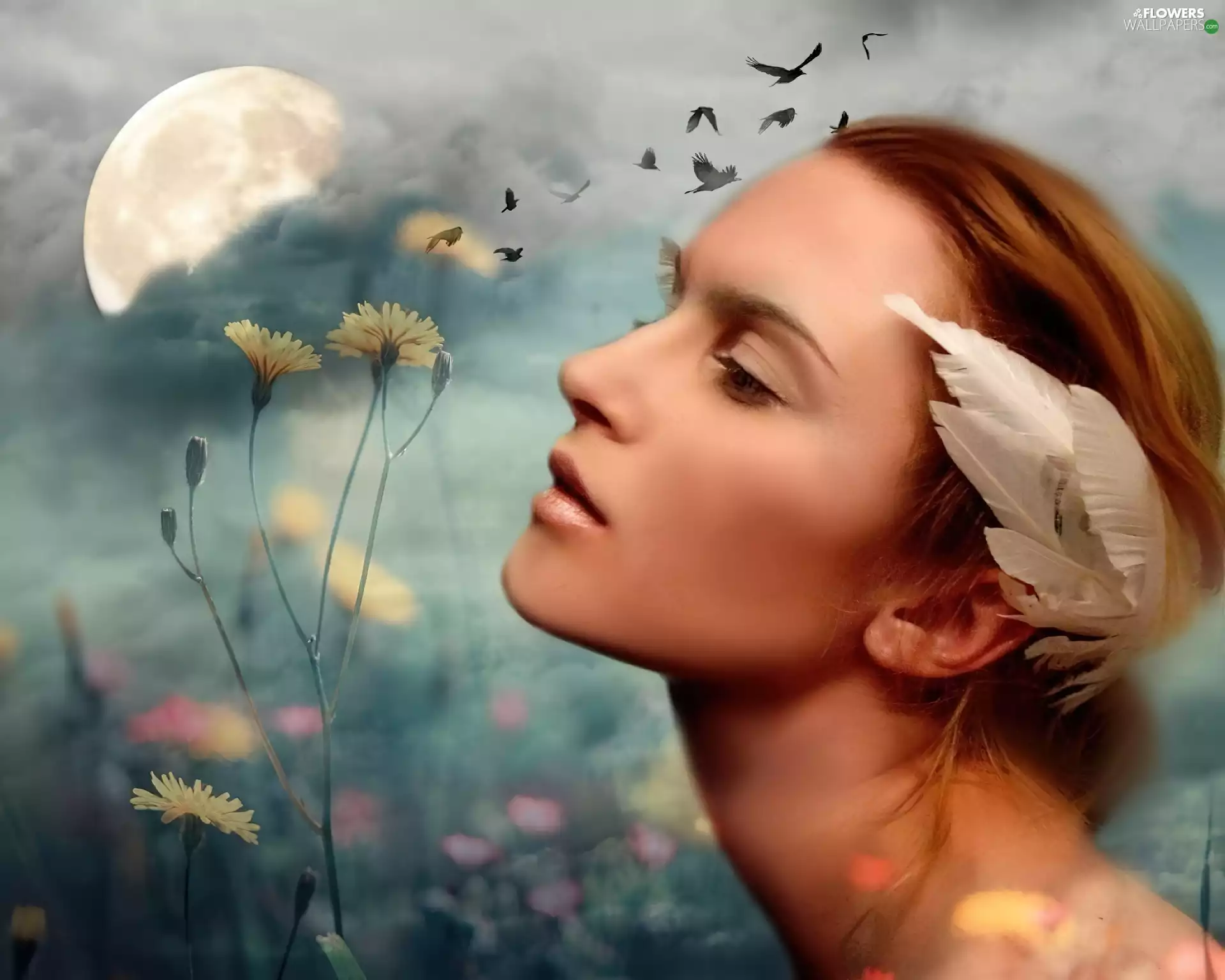 pen, moon, face, White, Women