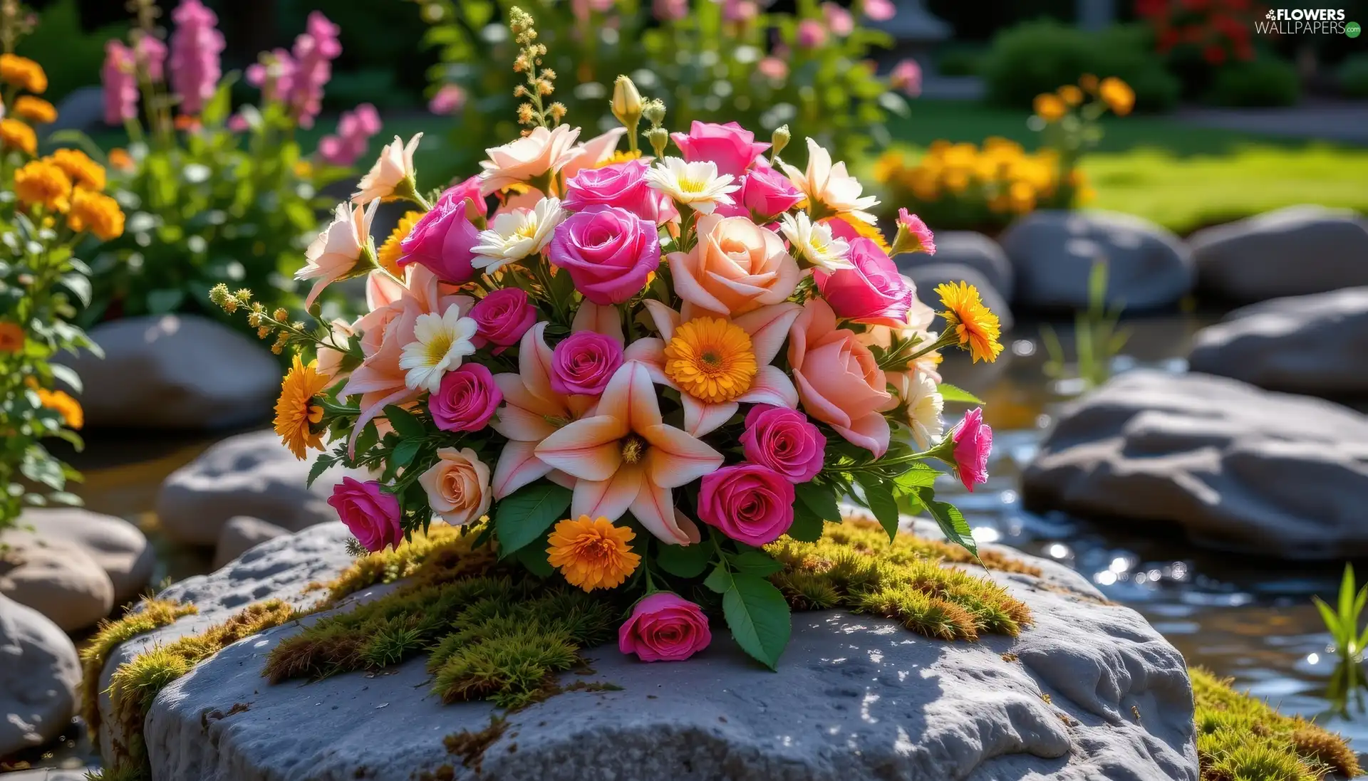 lilies, Flowers, Stone, Moss, bouquet, roses