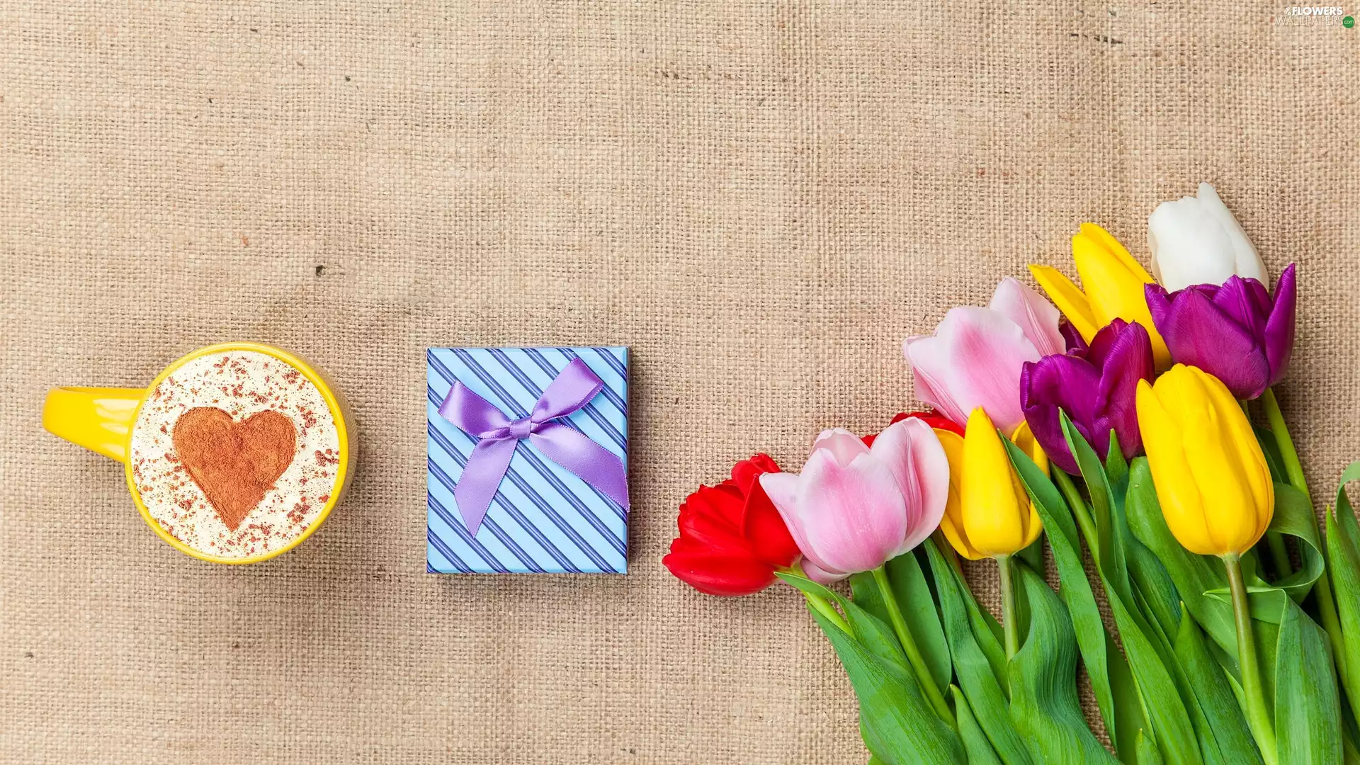 coffee, Cup, stuff, Heart, Present, Tulips, color, mousse
