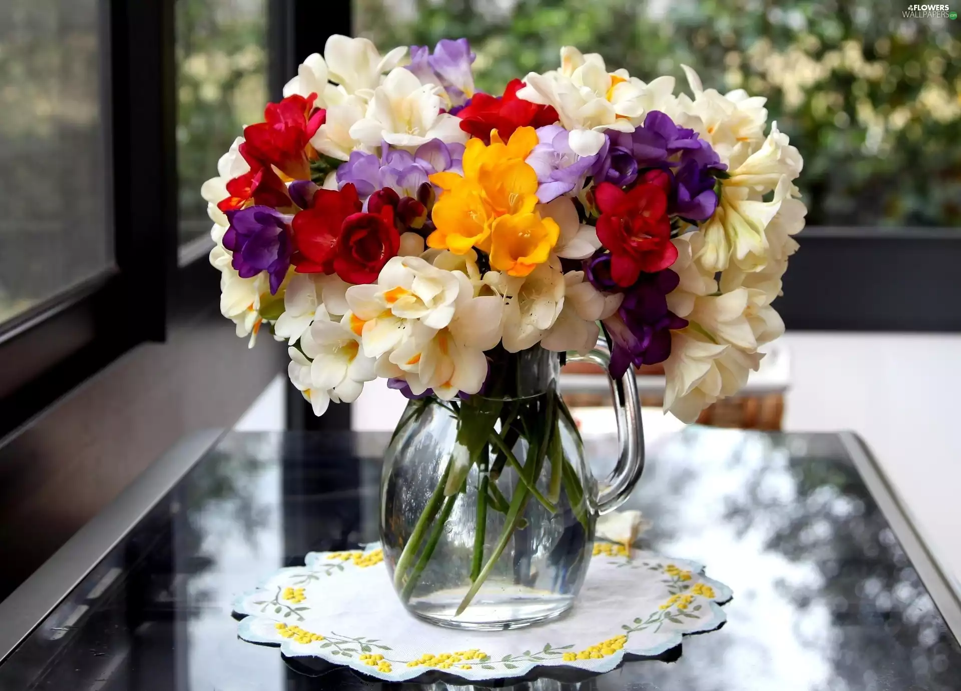 jug, napkin, Flowers, Freesias, bouquet