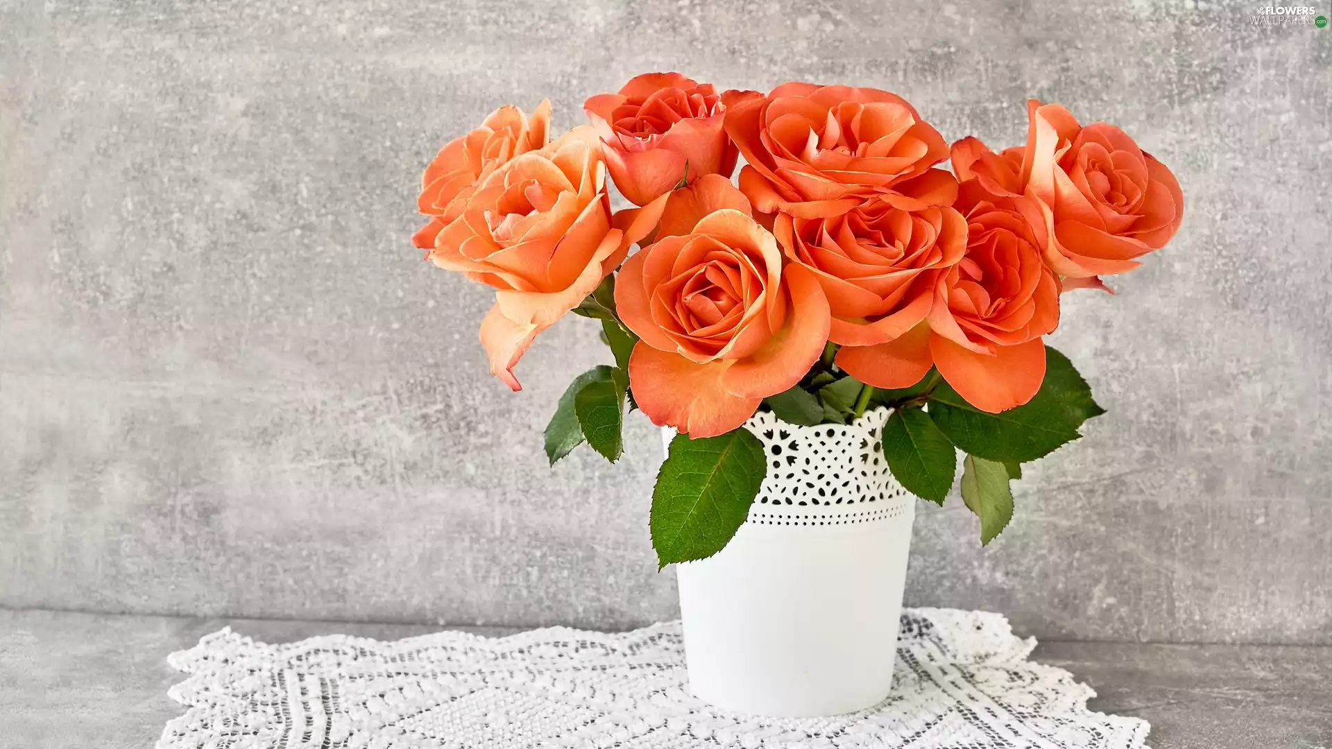bouquet, Orange, Vase, napkin, White, roses