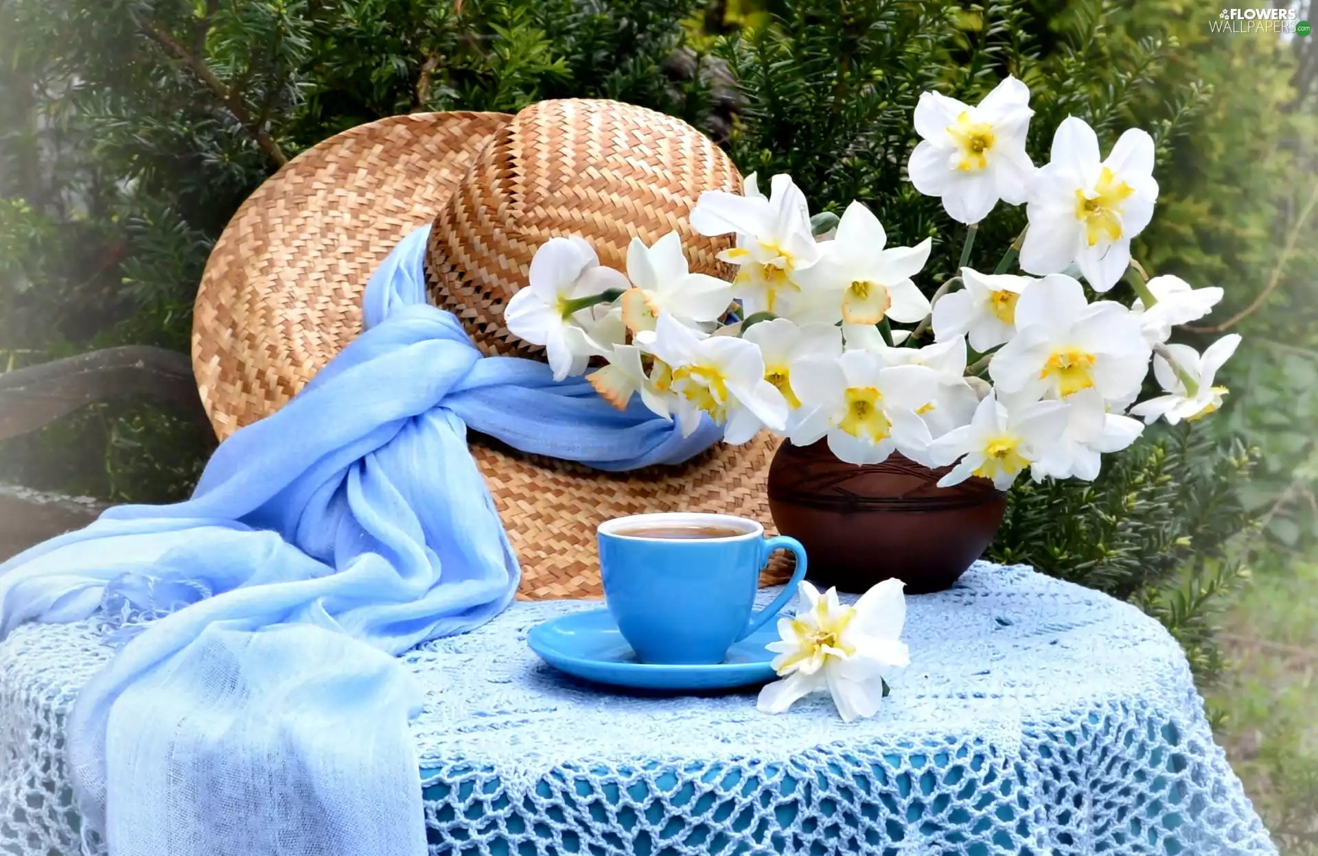 Vase, bouquet, tea, narcissus, composition, Hat, cup