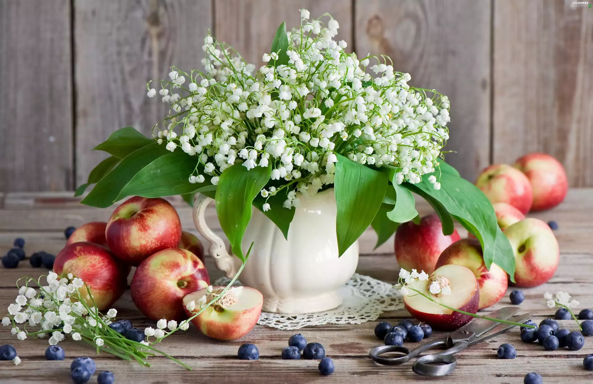 nectarines, composition, lily of the Valley, The May, Flowers