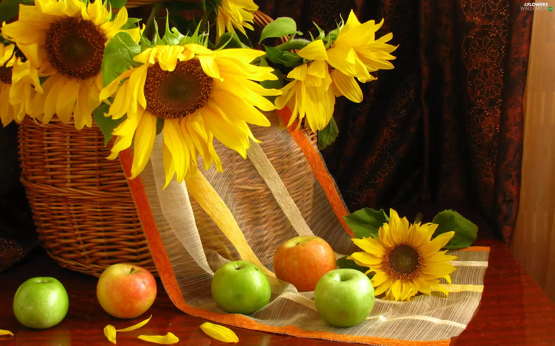 apples, basket, Nice sunflowers