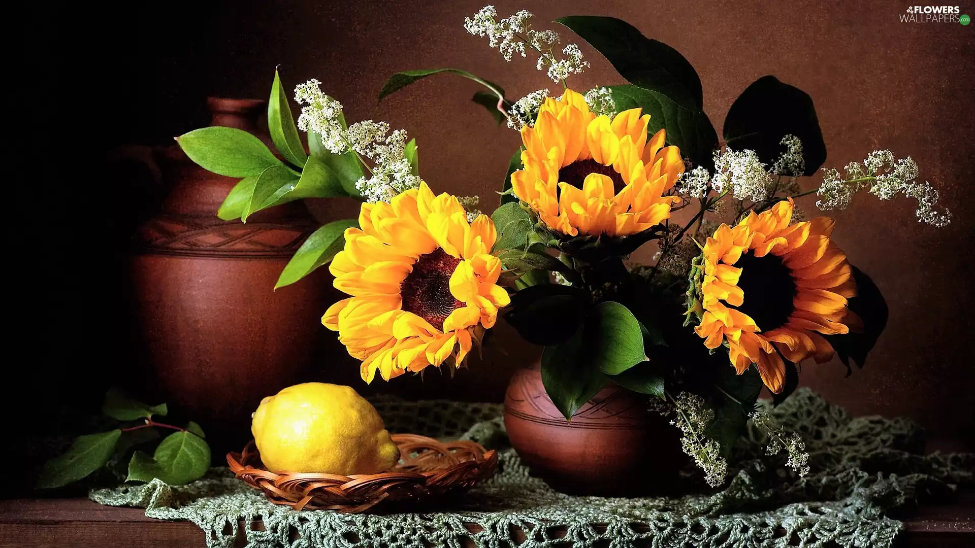 Nice sunflowers, composition, basket, pitcher, Vase, Bouquet of Flowers