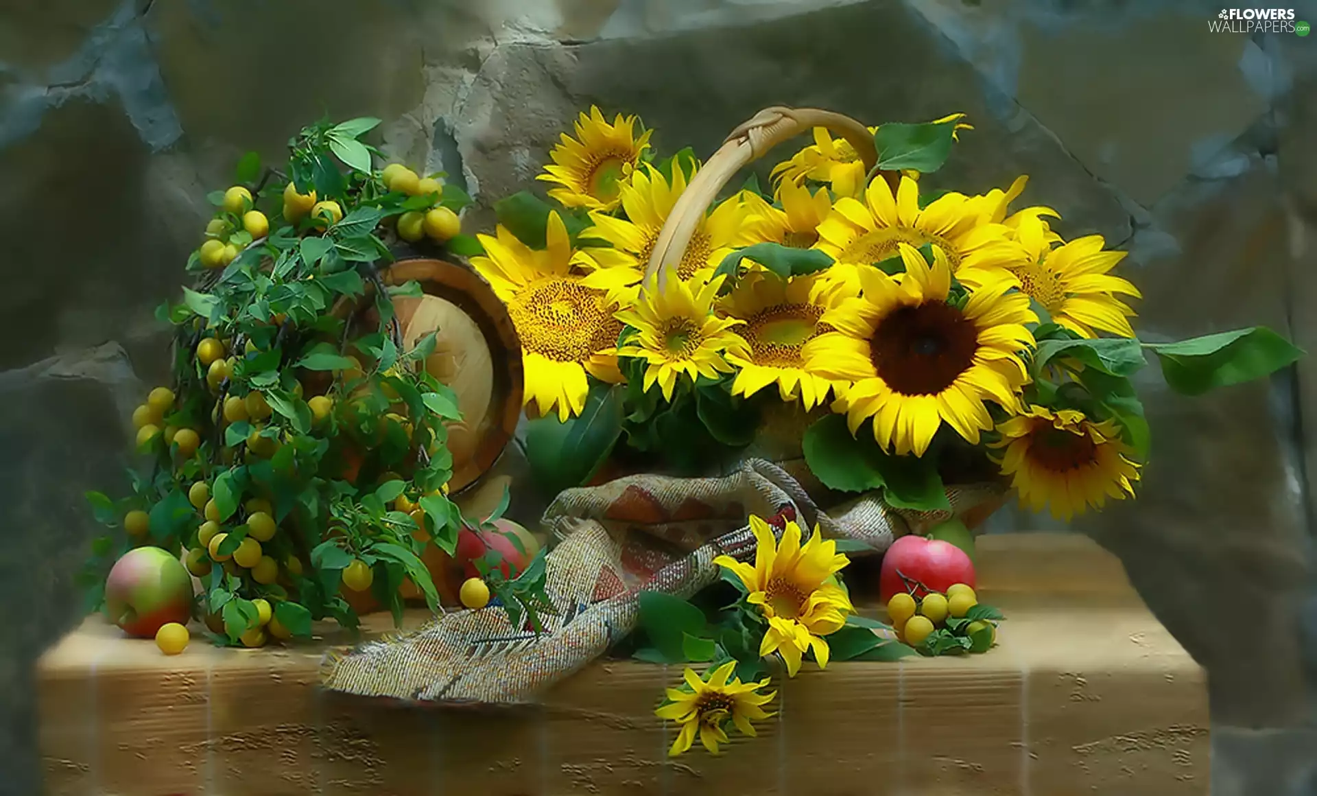 basket, Nice sunflowers, ornamental, Flowers
