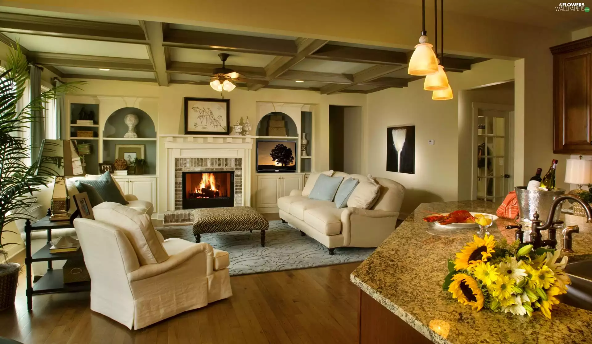 house, Nice sunflowers, bouquet, interior