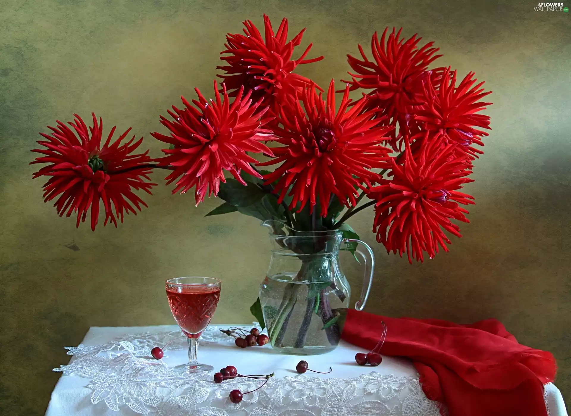 Red, glass, Bouquet of Flowers, dahlias