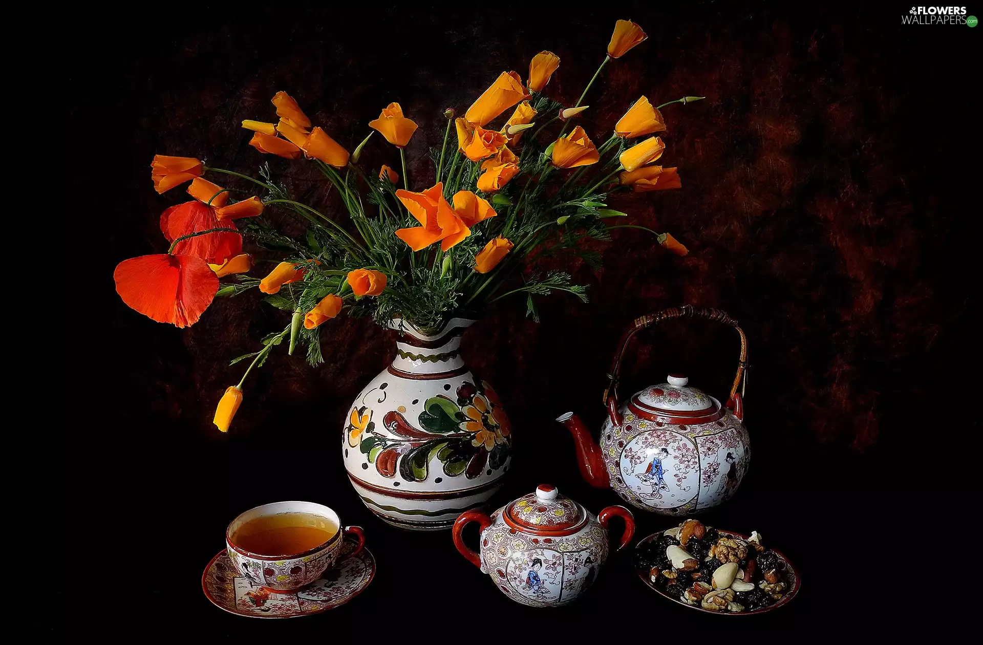 Yellow, Flowers, papavers, dried, kettle, Bouquet of Flowers, tea, cup, Fruits