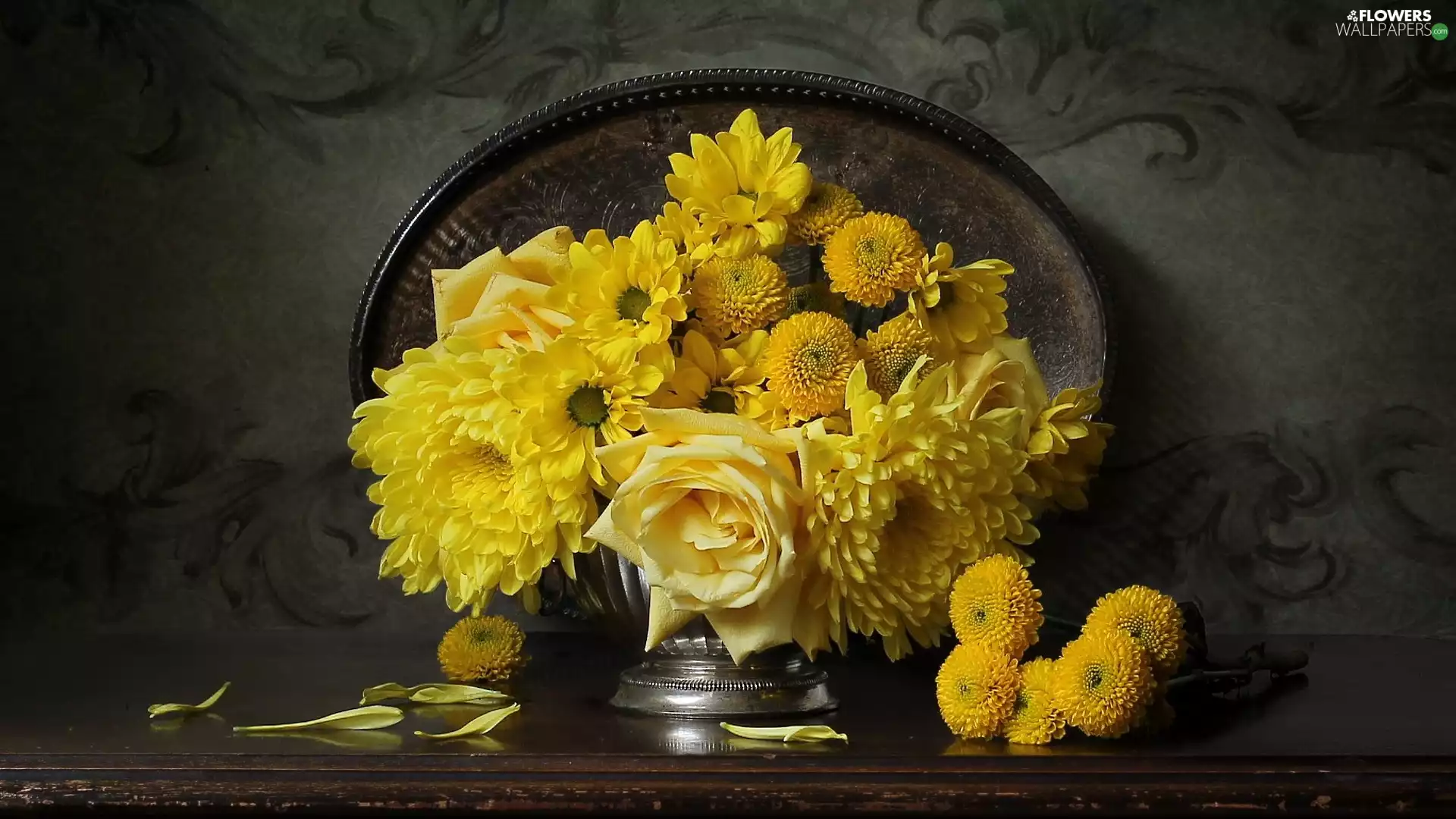 Yellow, Chrysanthemums, Bouquet of Flowers, roses
