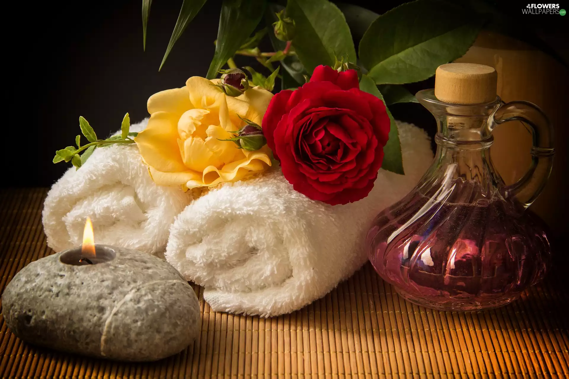 candle, oil, roses, Towels, Spa